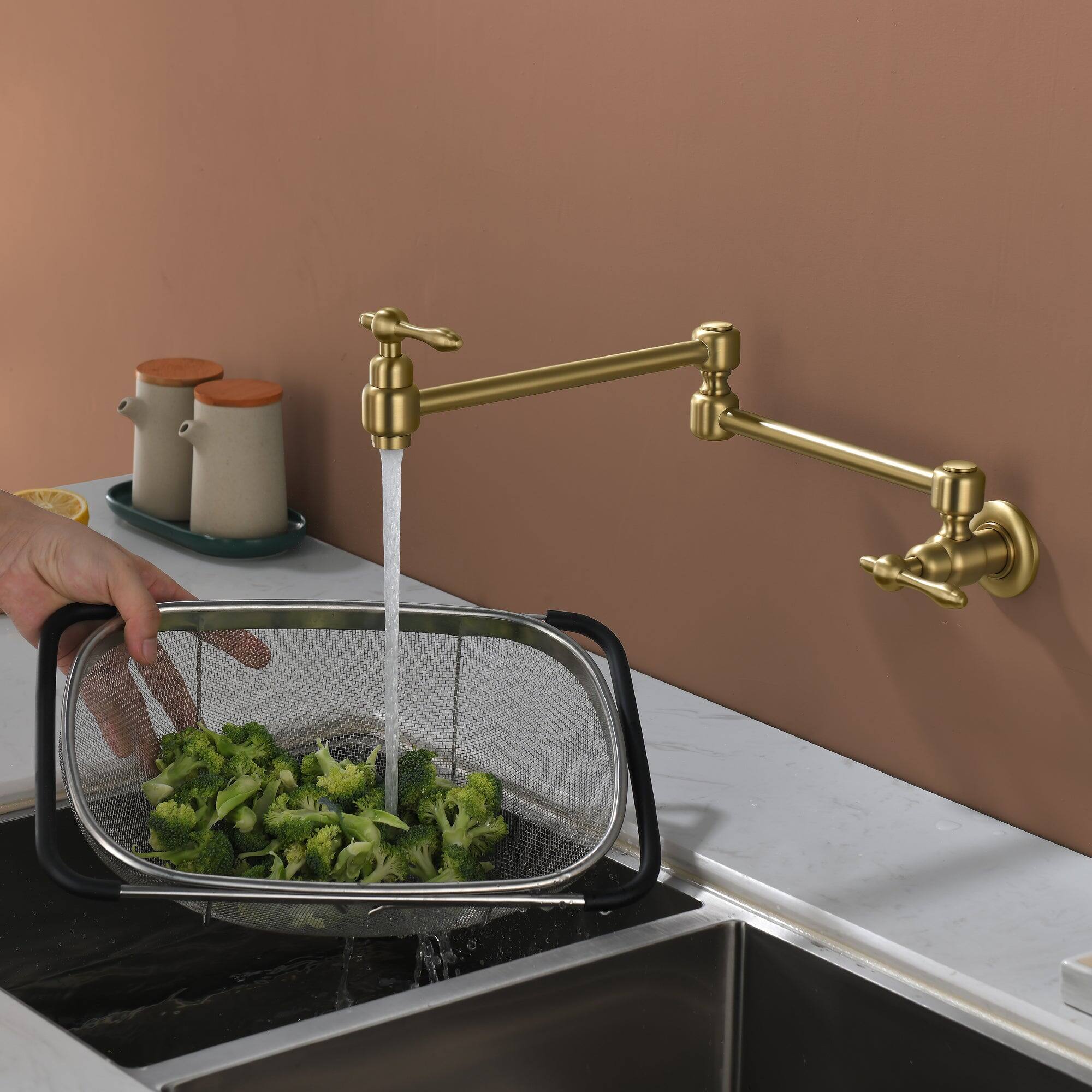 Alt View 9. Boyel Living - Brushed Gold Wall Mounted Double Handle Pot Filler 1.8 GPM with Ceramic Cartridge and Mounting Hardware - Brushed Gold.