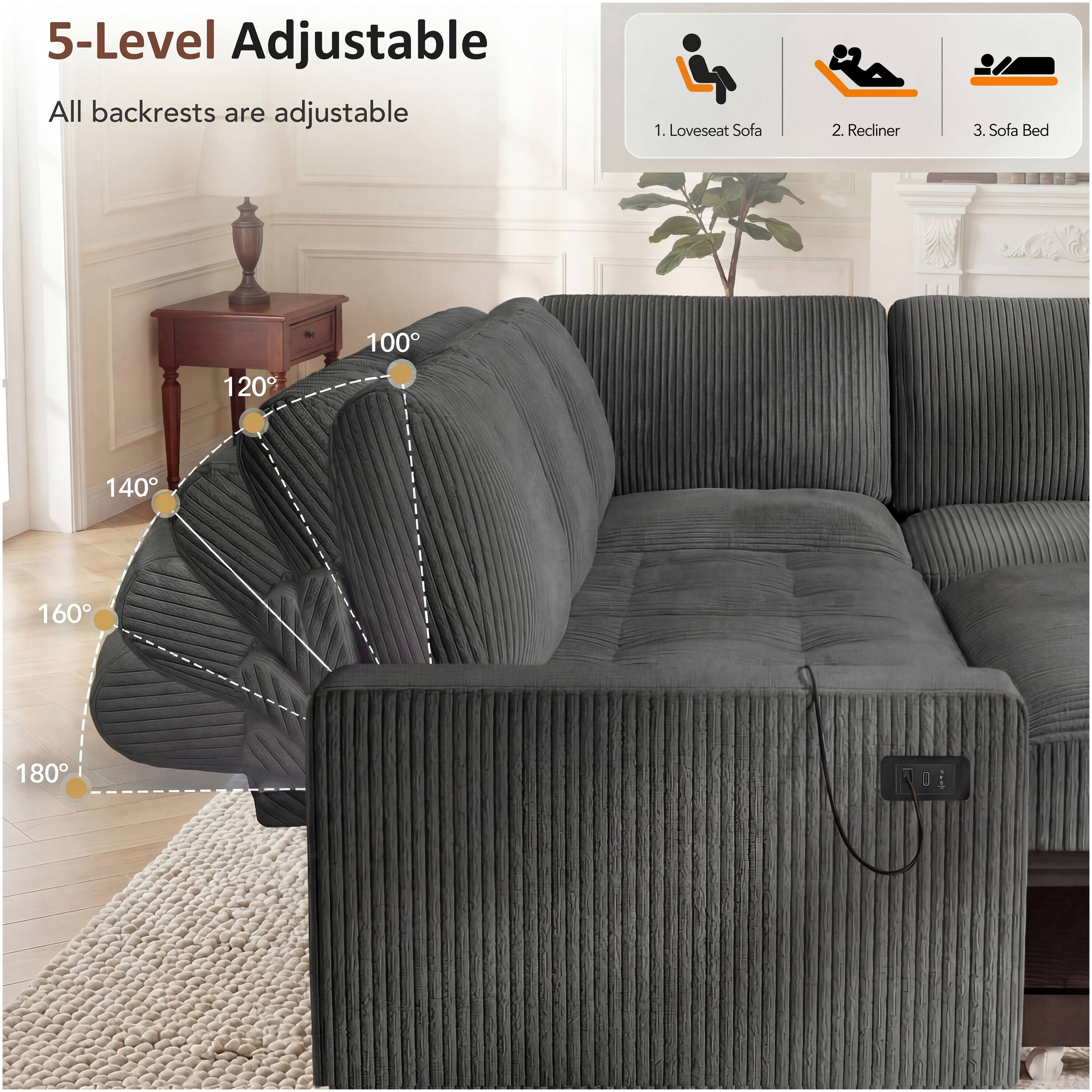 5-Level Adjustable  
All backrests are adjustable  
1. Loveseat Sofa  
2. Recliner  
3. Sofa Bed  
100°  
120°  
140°  
160°  
180°