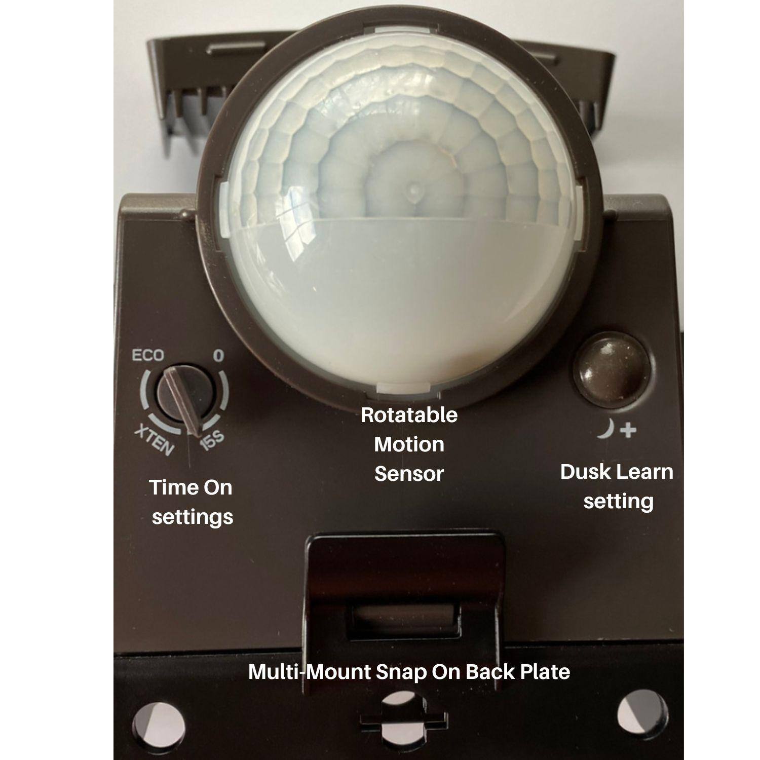 - ECO
- XTEN
- Time On settings
- Rotatable Motion Sensor
- Dusk Learn setting
- Multi-Mount Snap On Back Plate