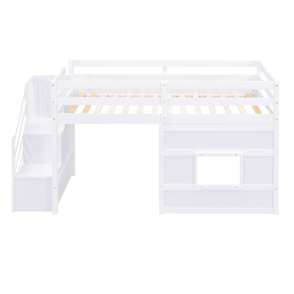 Alt View 8. Loheer - Loheer Twin Size Loft Bed with Storage Staircase LED Light White - White.