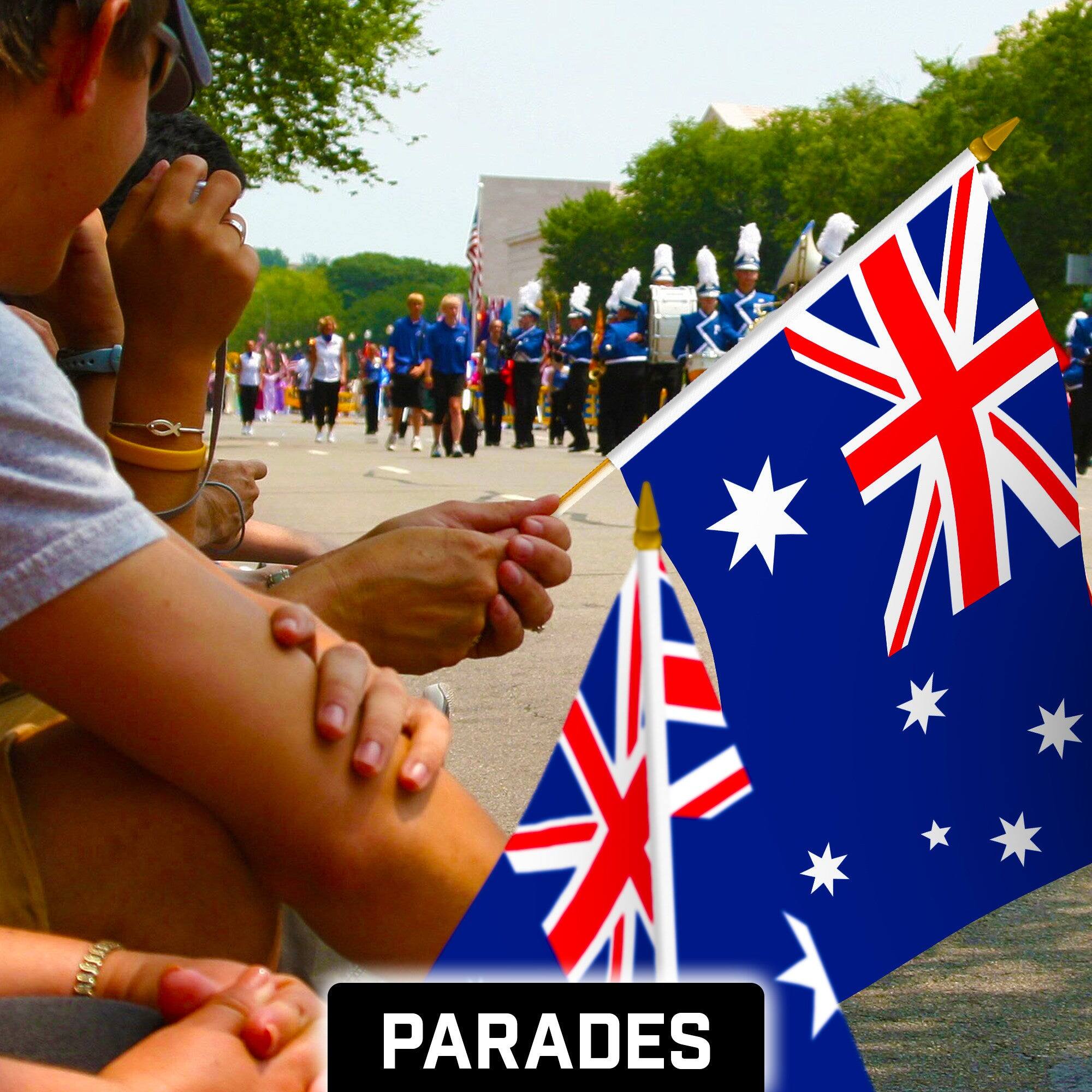 Alt View 1. G128 - 50-Pack Handheld Australian Stick Flags — 12 x 18 in, 150D Polyester, Wooden Stick with Gold Spear Tip. - Assorted Colors.