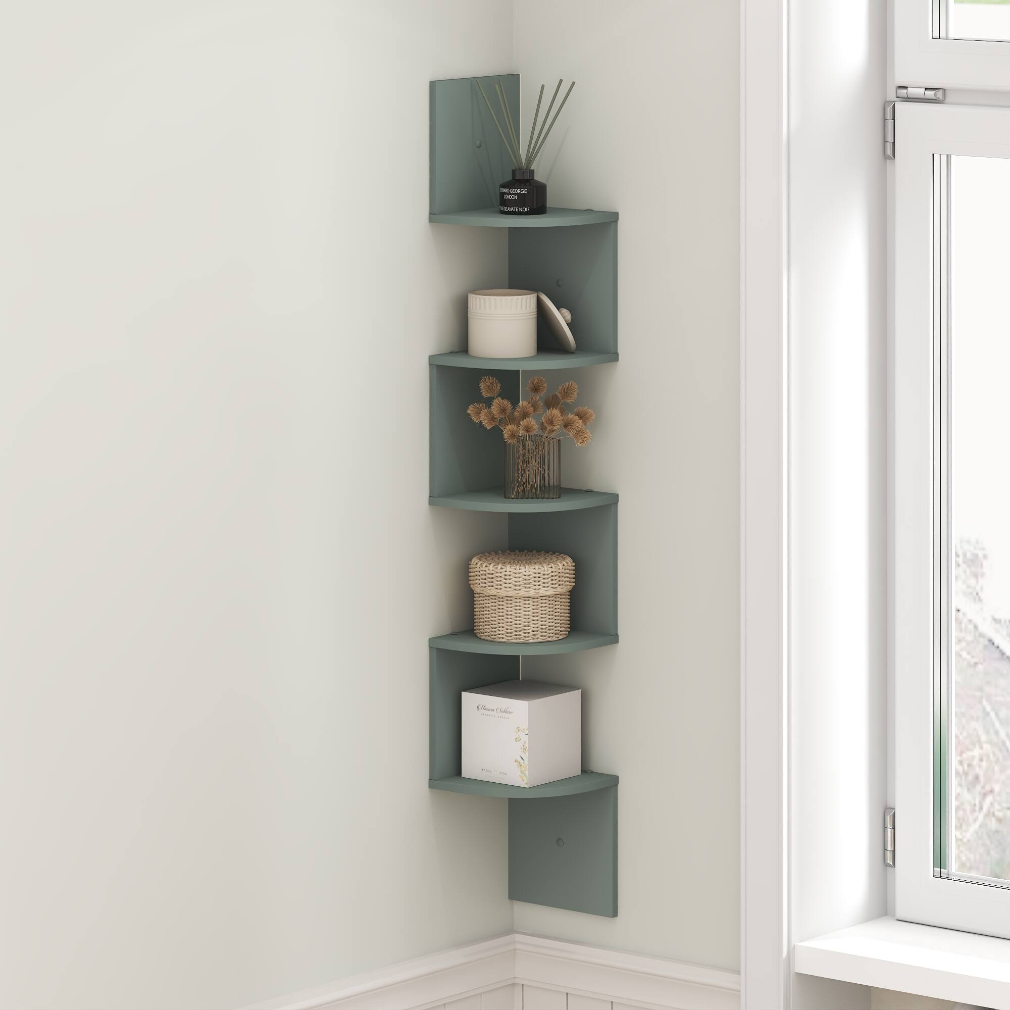 Alt View 1. Furinno - ROSSI Floating Book Shelves for Wall, 5-Tier Zigzag Corner Shelf Wall Mounted, Radial Corner Wall Shelf - Sage Green.
