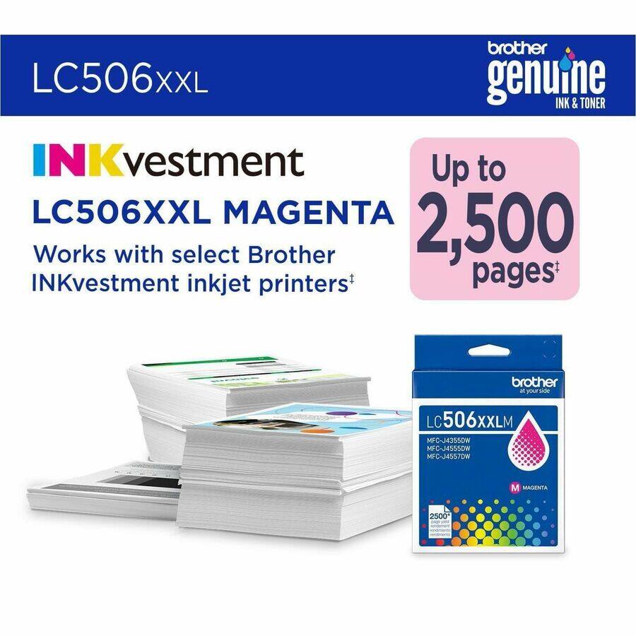brother LC506XXL genuine INK & TONER INKvestment Up to LC506XXL MAGENTA Works with select Brother 2,500 INKvestment inkjet printers' pages

brother your side
LC506XXLM
LC MFC-J4355DW MFC-J4555DW MFC-J4557DW
M MAGENTA
2500