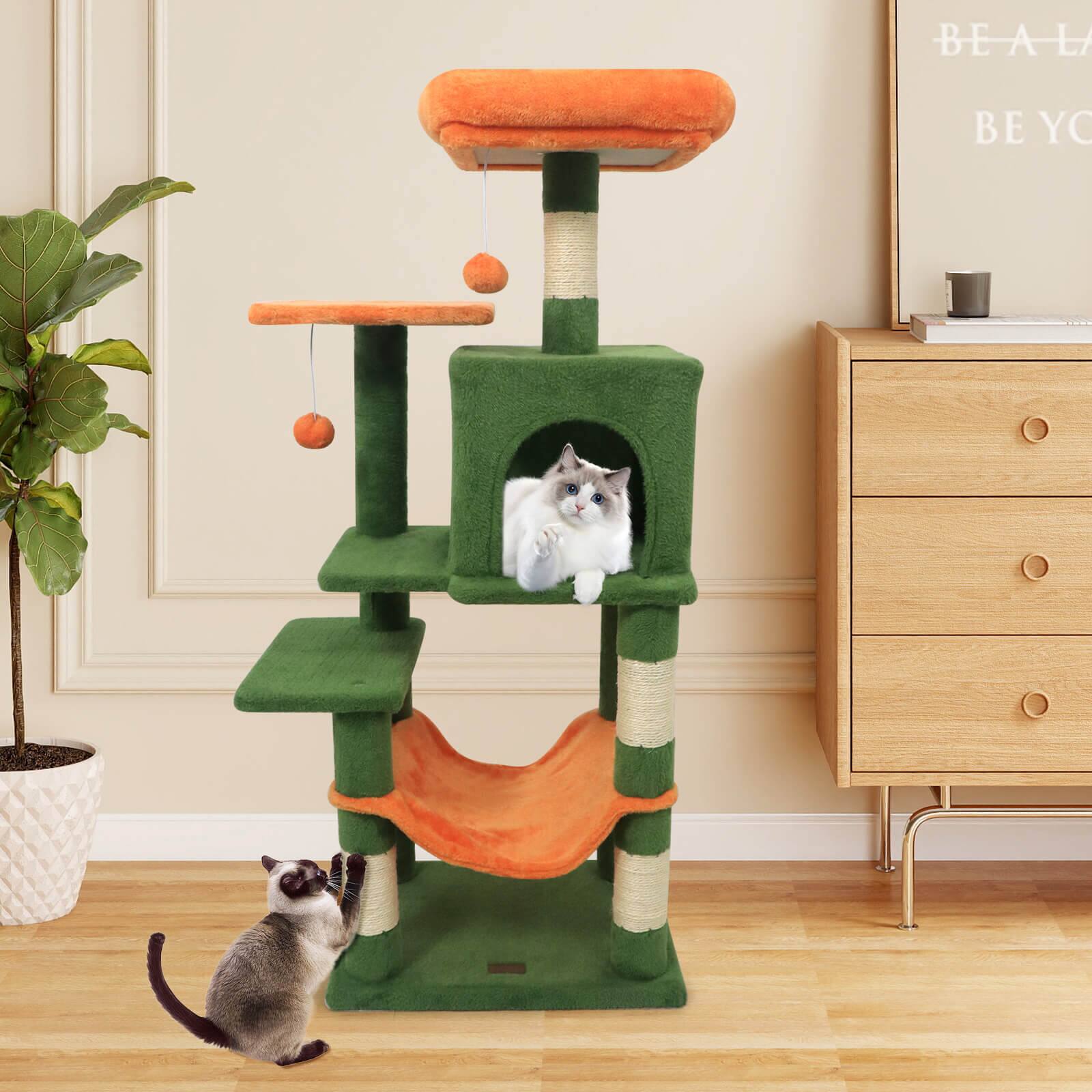 Alt View 1. Costway - Costway 44" Tall Multi-level Cat Tree, Modern Cat Tower with 2-Entrance Large Cat Condo - Green Orange.