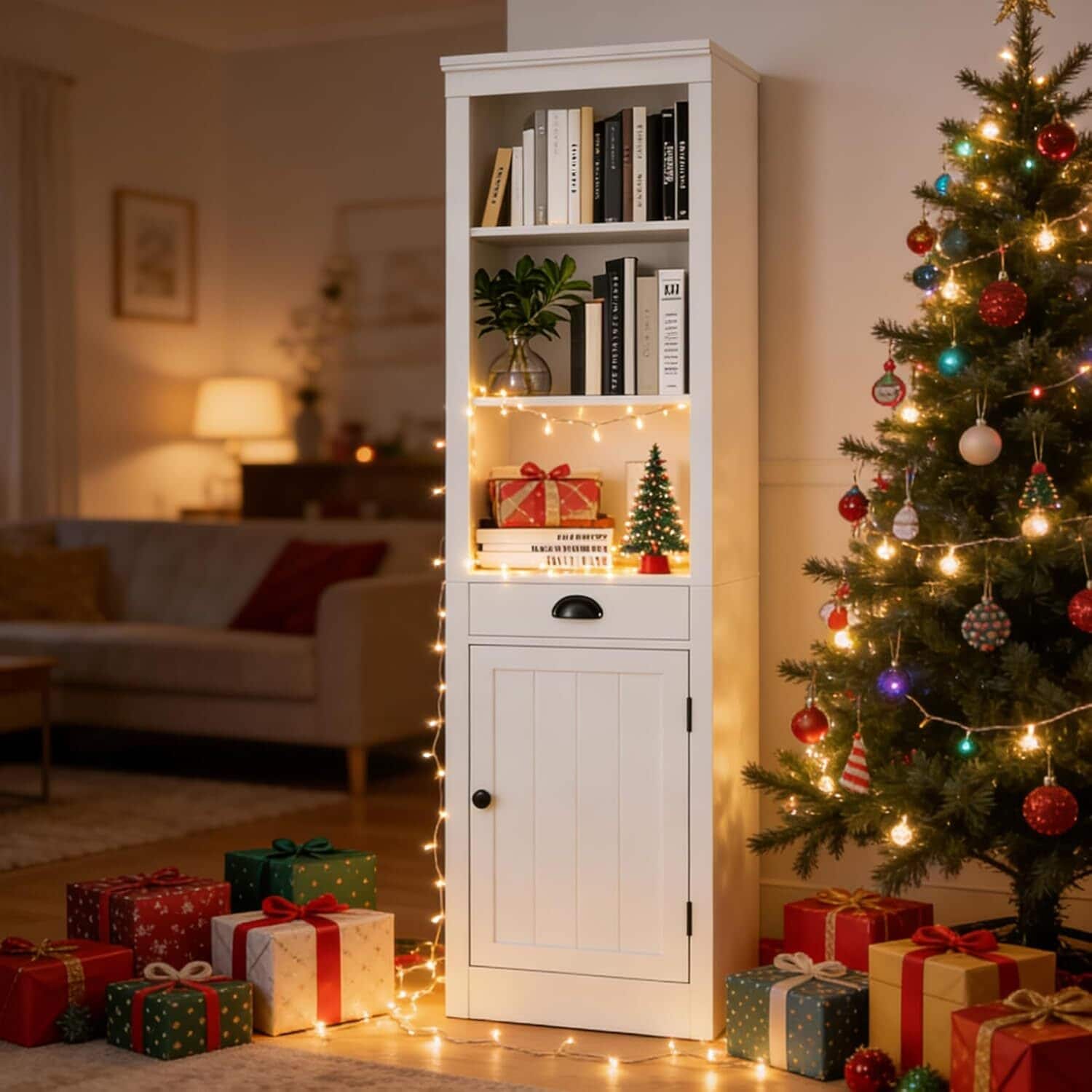 GARVEE - Narrow Bookcase with Door, 3-Tiers Open Bookshelf with 1 Pull-Out Drawer, Single-Door Cabinet - White