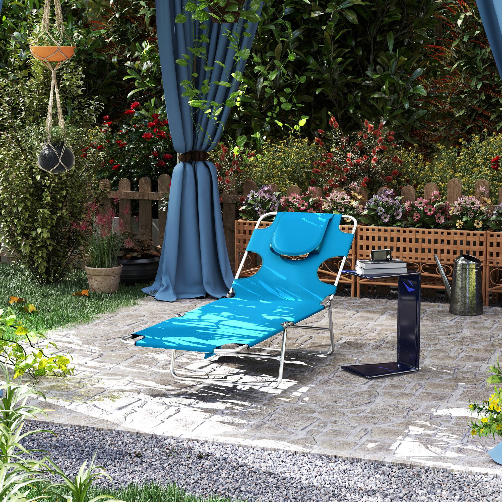Alt View 1. Outsunny - Chair with Face Hole, 5-Level Adjustable Outdoor Chaise Lounge Chair with Pillow for Beach, Pool - Light Blue.