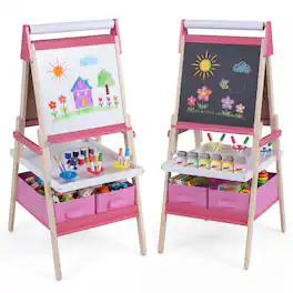 Costway - Easel for Kid, Double-sided Kids Easel with Magnetic Whiteboard & Chalkboard - Pink