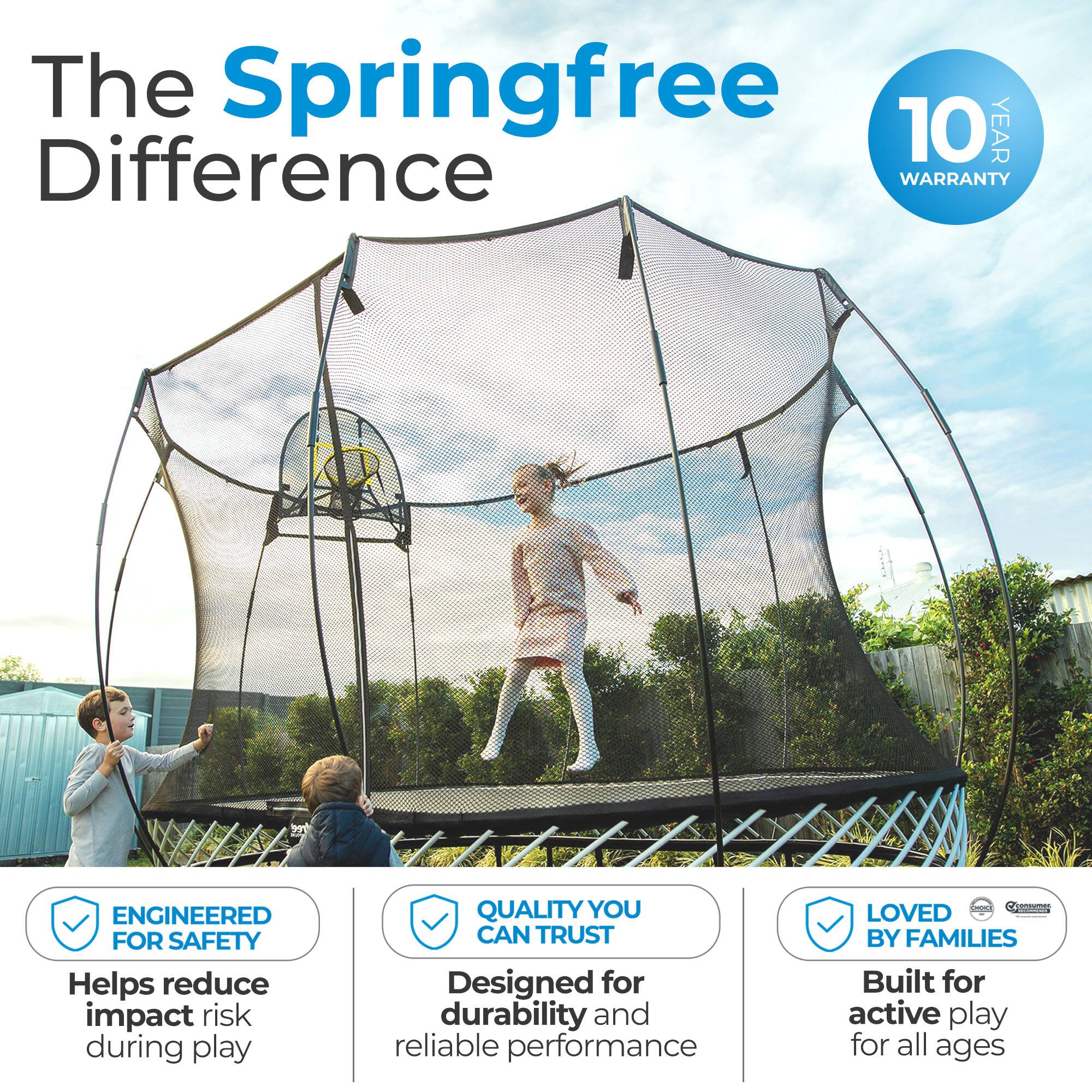 The Springfree 10 YEAR Difference WARRANTY

ENGINEERED FOR SAFETY
Helps reduce impact risk during play

QUALITY YOU CAN TRUST
Designed for durability and reliable performance

LOVED BY FAMILIES
Built for active play for all ages