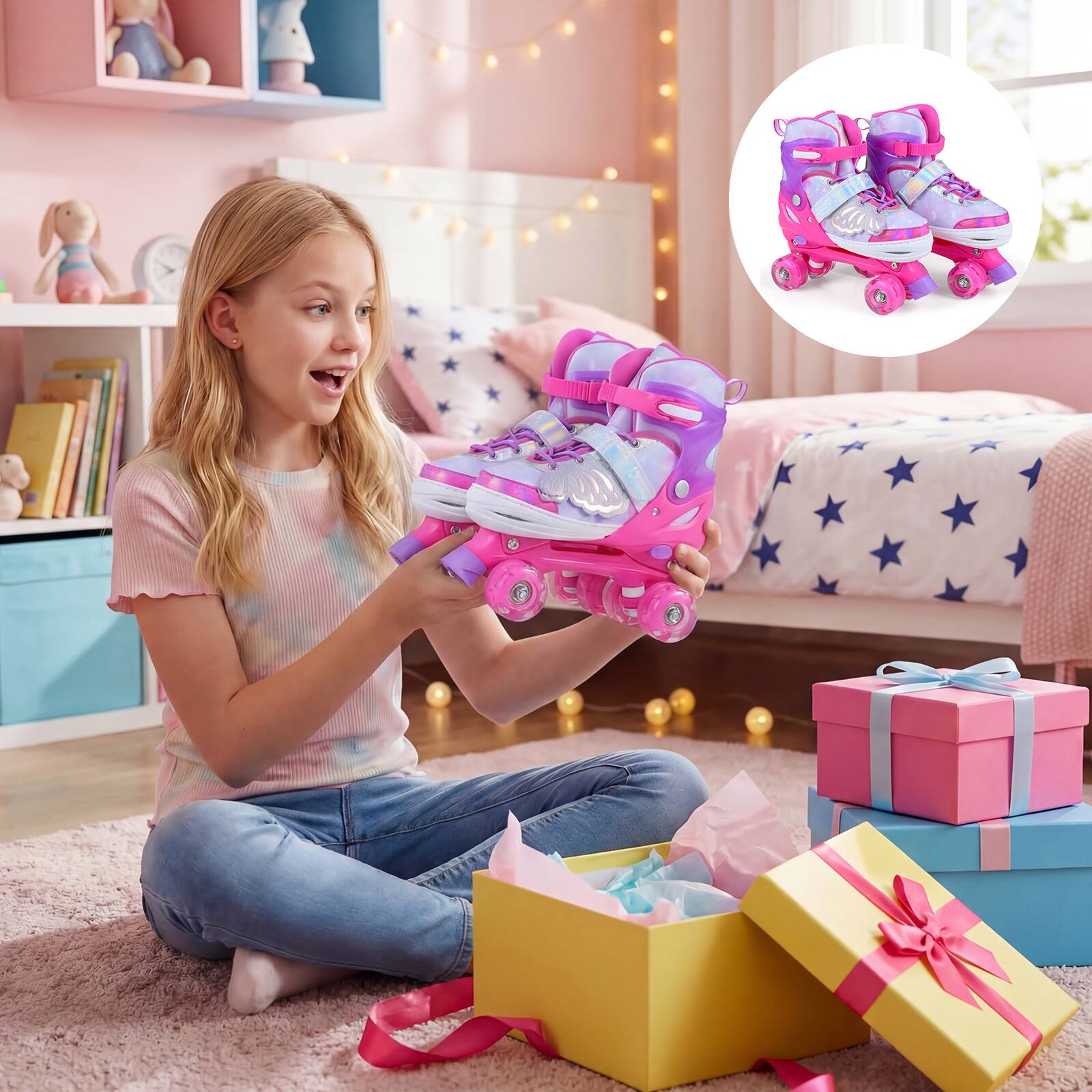 Alt View 4. Costway - Costway Kids Roller Skates 4 Sizes Adjustable Quad Skates with Light Wheels for Ages 9-14 - Pink.