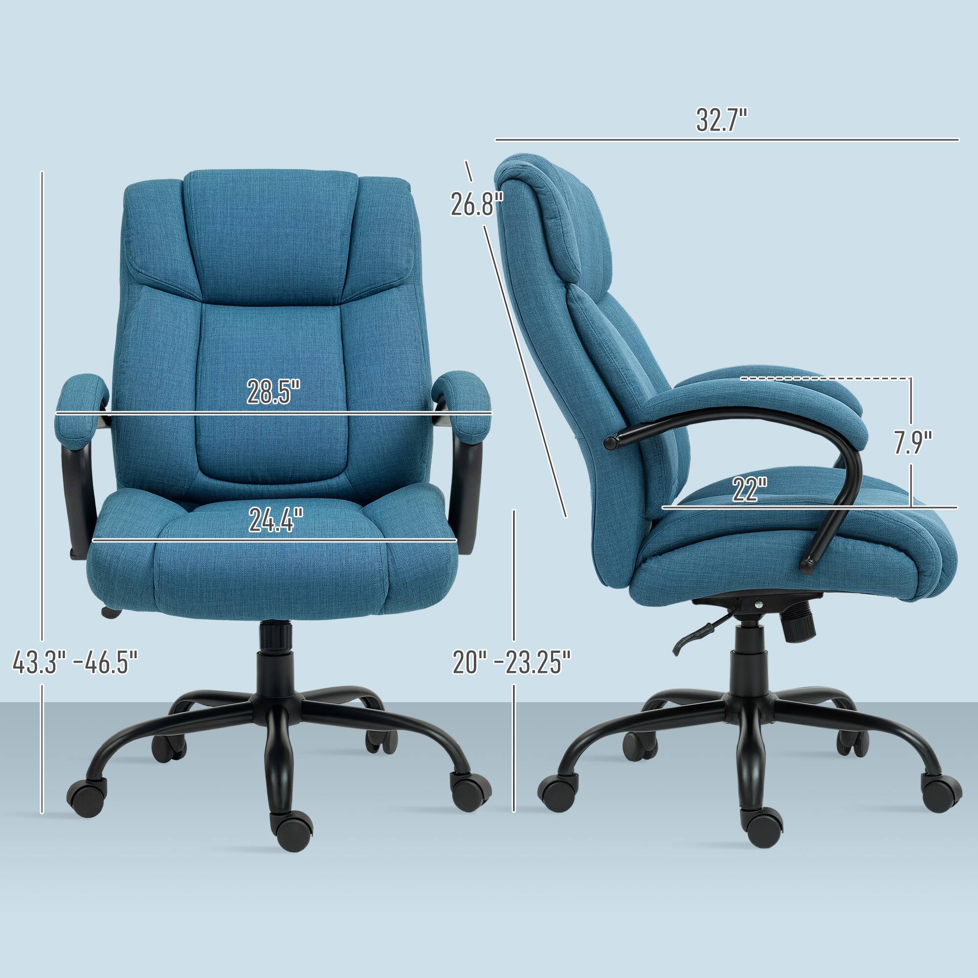 The dimensions of the chair are:

- Height: 32.7"
- Back height: 26.8"
- Seat width: 28.5"
- Seat depth: 24.4"
- Armrest height: 22"
- Armrest width: 7.9"
- Height adjustment range: 43.3" - 46.5"
- Base diameter: 20"
- Base height: 23.25"