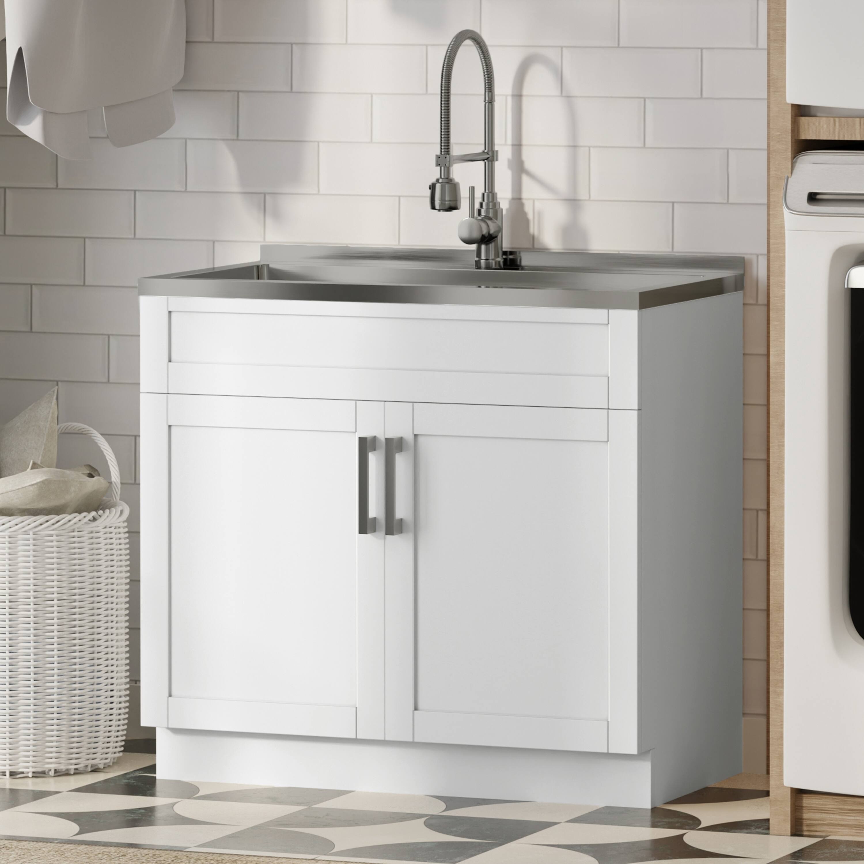 Angle. Simpli Home - Hennessy All-In-One 36-inch Laundry Utility Sink and Cabinet - Pure White.