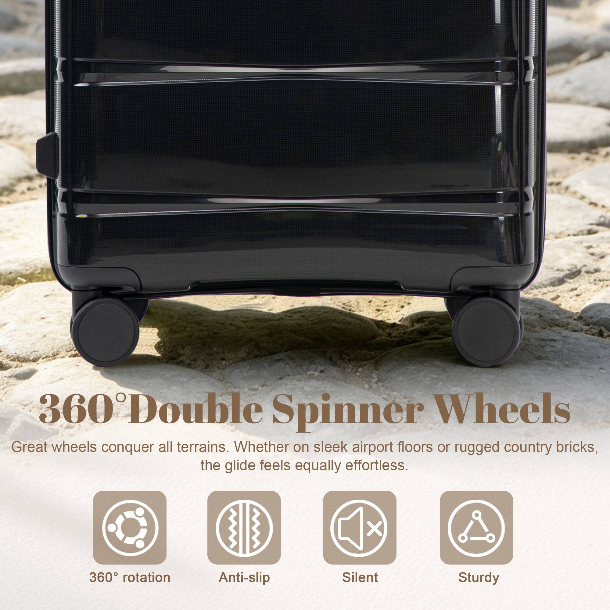 360° Double Spinner Wheels

Great wheels conquer all terrains. Whether on sleek airport floors or rugged country bricks, the glide feels equally effortless.

- 360° rotation
- Anti-slip
- Silent
- Sturdy