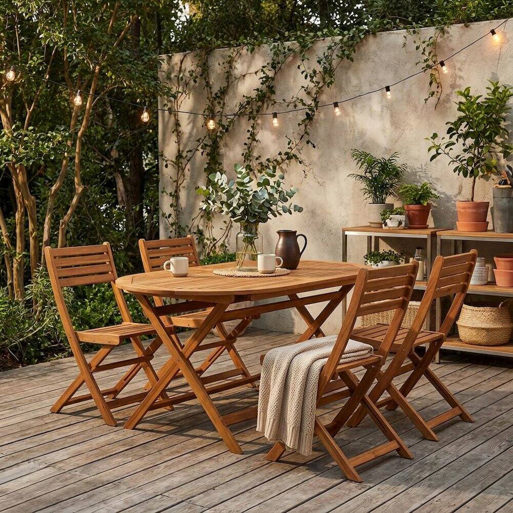 Alt View 3. Outdoor Escape - Oil-Finish 5-Piece Patio Dining Set with Oval Acacia Table and Chairs - Brown.