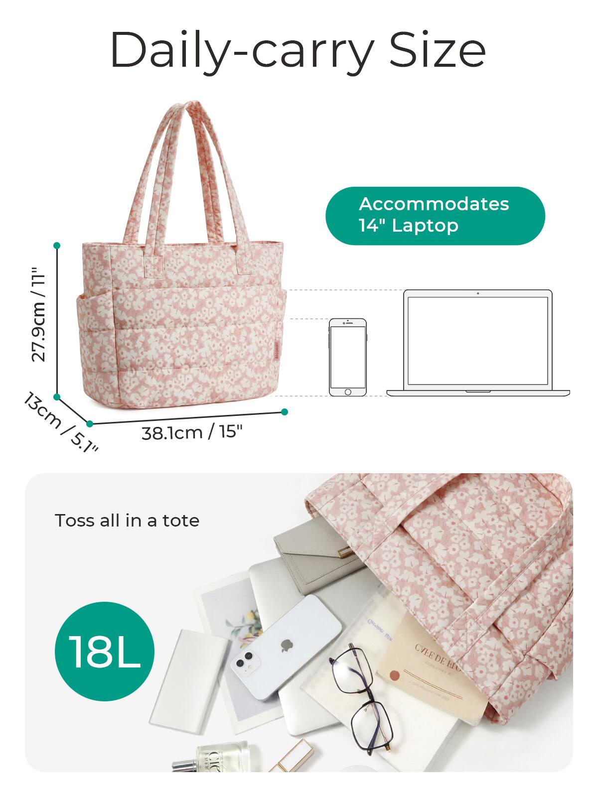 Daily-carry Size  
Accommodates 14" Laptop  
27.9cm / 11"  
13cm / 5.1"  
38.1cm / 15"  
Toss all in a tote  
18L