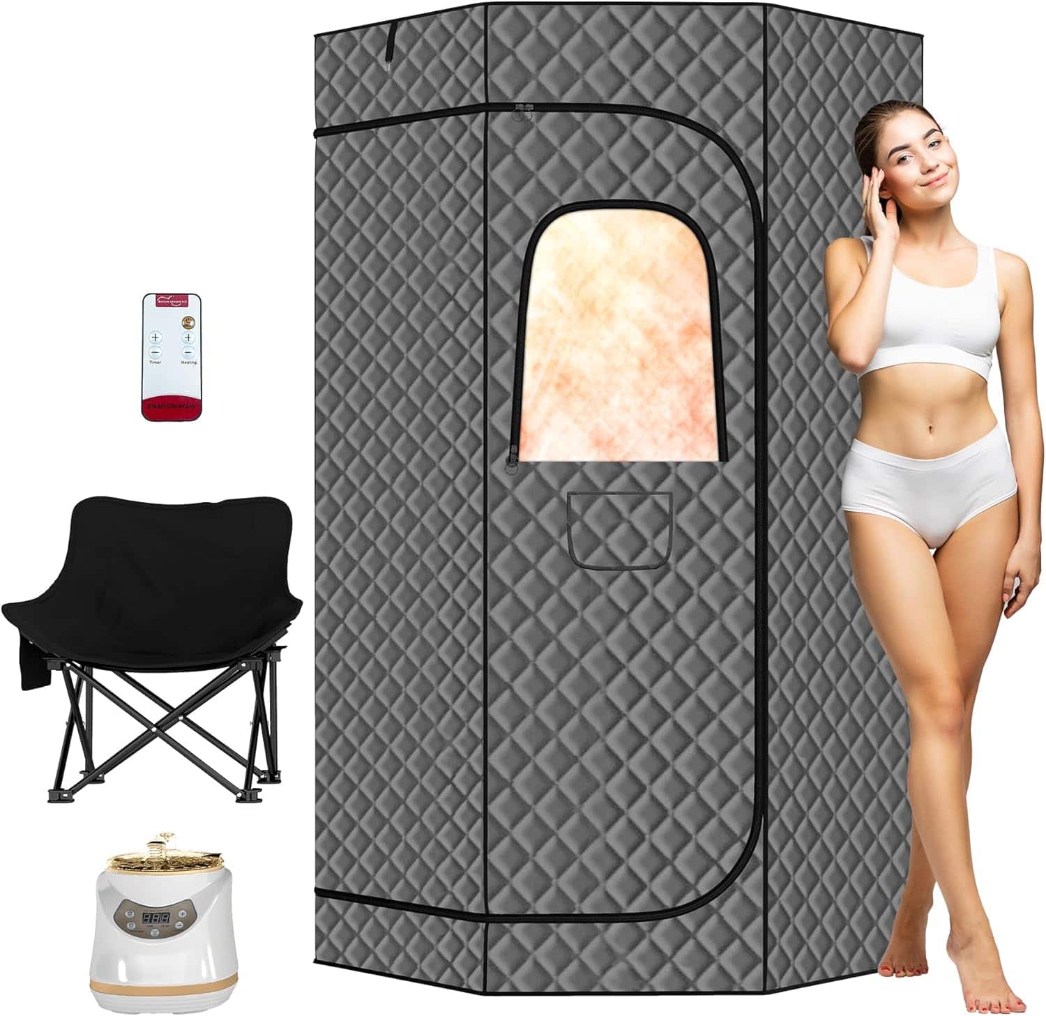 Essen Blissed - Portable Steam Sauna,Home Sauna Tent with 3L 1500W Steamer,Folding Chair,Remote Control for Spa,Gym,3'x 3'x 6.2’ - Gray