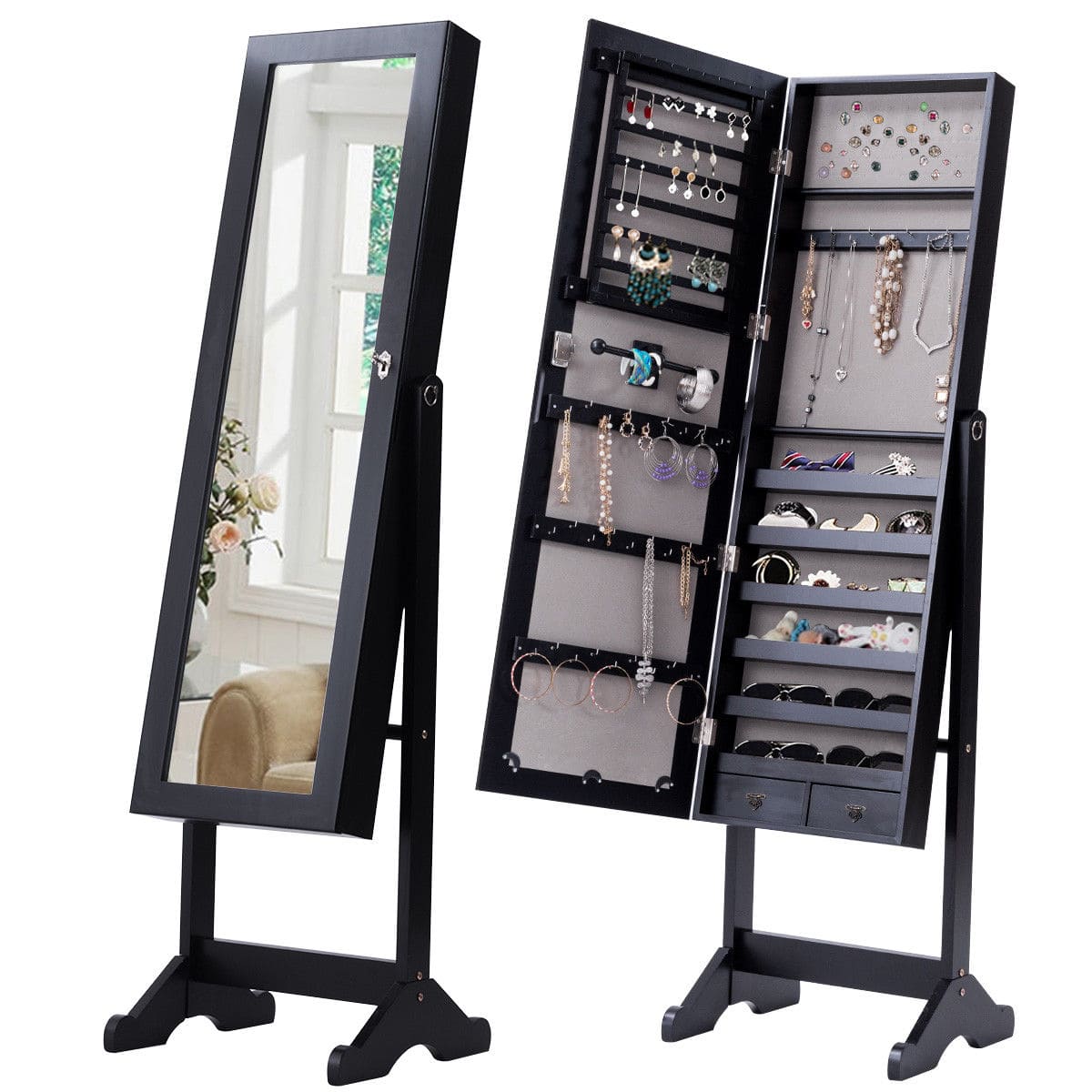 Front. Costway - Mirrored Jewelry Cabinet Storage Organizer Drawers - Black.