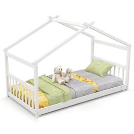 Costway - Twin Size House Bed with Roof Wooden Low Floor Bed No Box Spring Needed - White