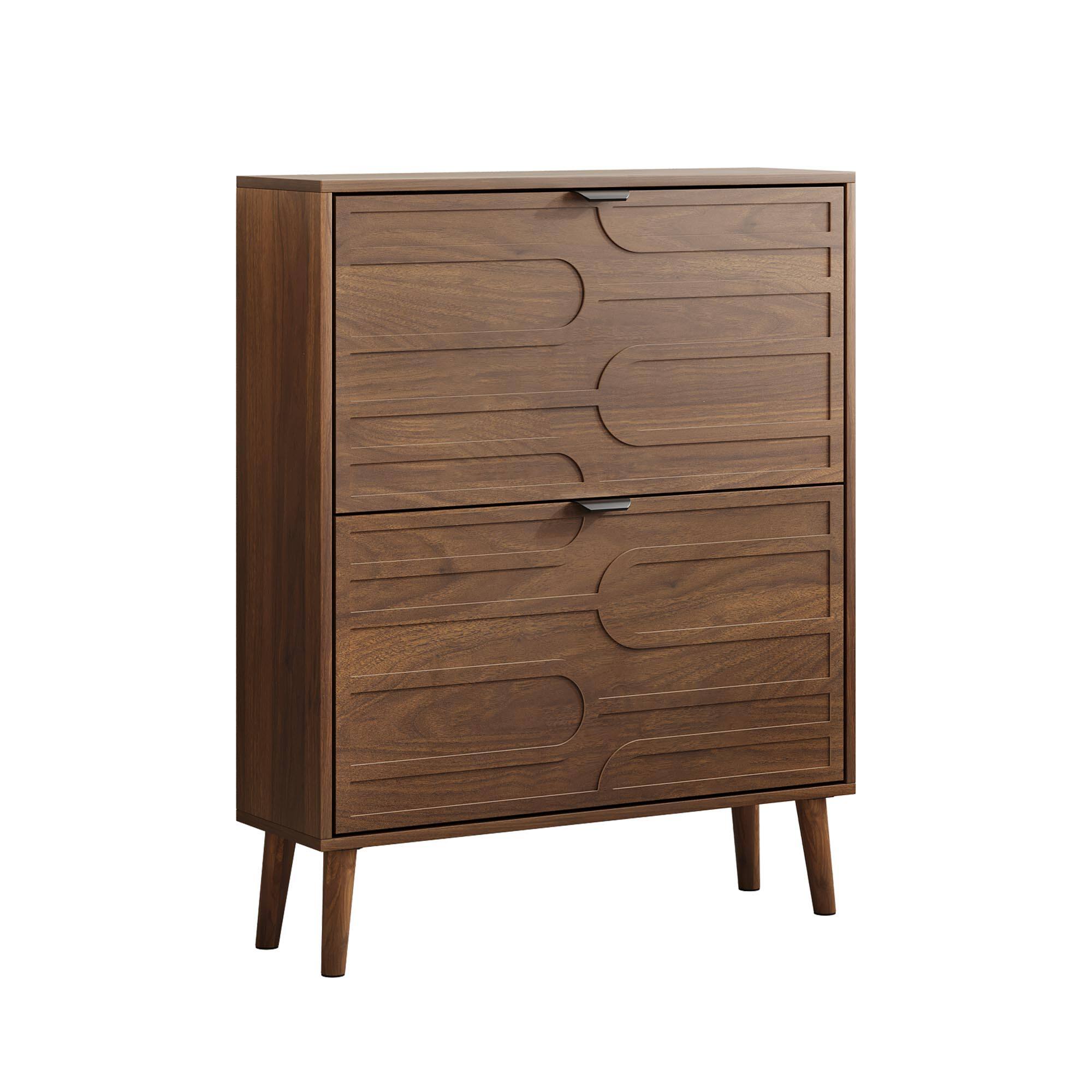 Alt View 4. MERAVOM - Shoe Cabinet with 2 Flip Drawers, Freestanding Shoe Cabinet Organizer with Metal Handle, Narrow Shoe Rack for Entryway - Brown.