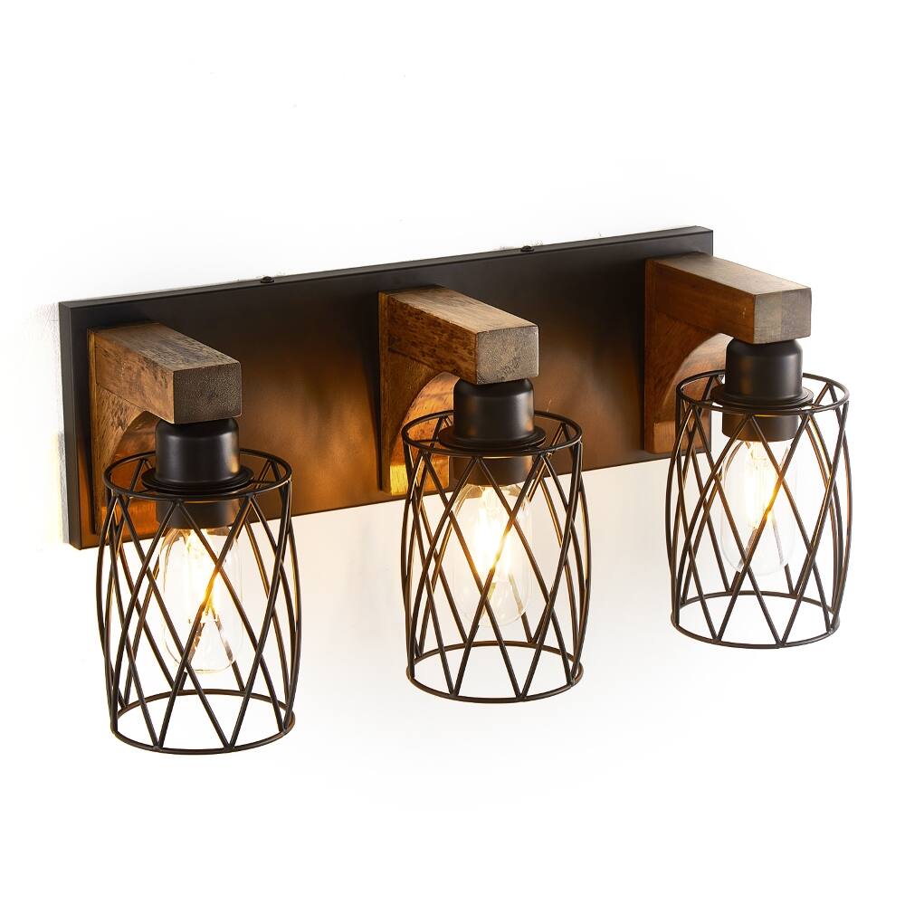 Alt View 3. YOSIMFUR - 3-Light Farmhouse Bathroom Vanity Light, Rustic Wood & Black Metal Wall Sconce for Mirror.