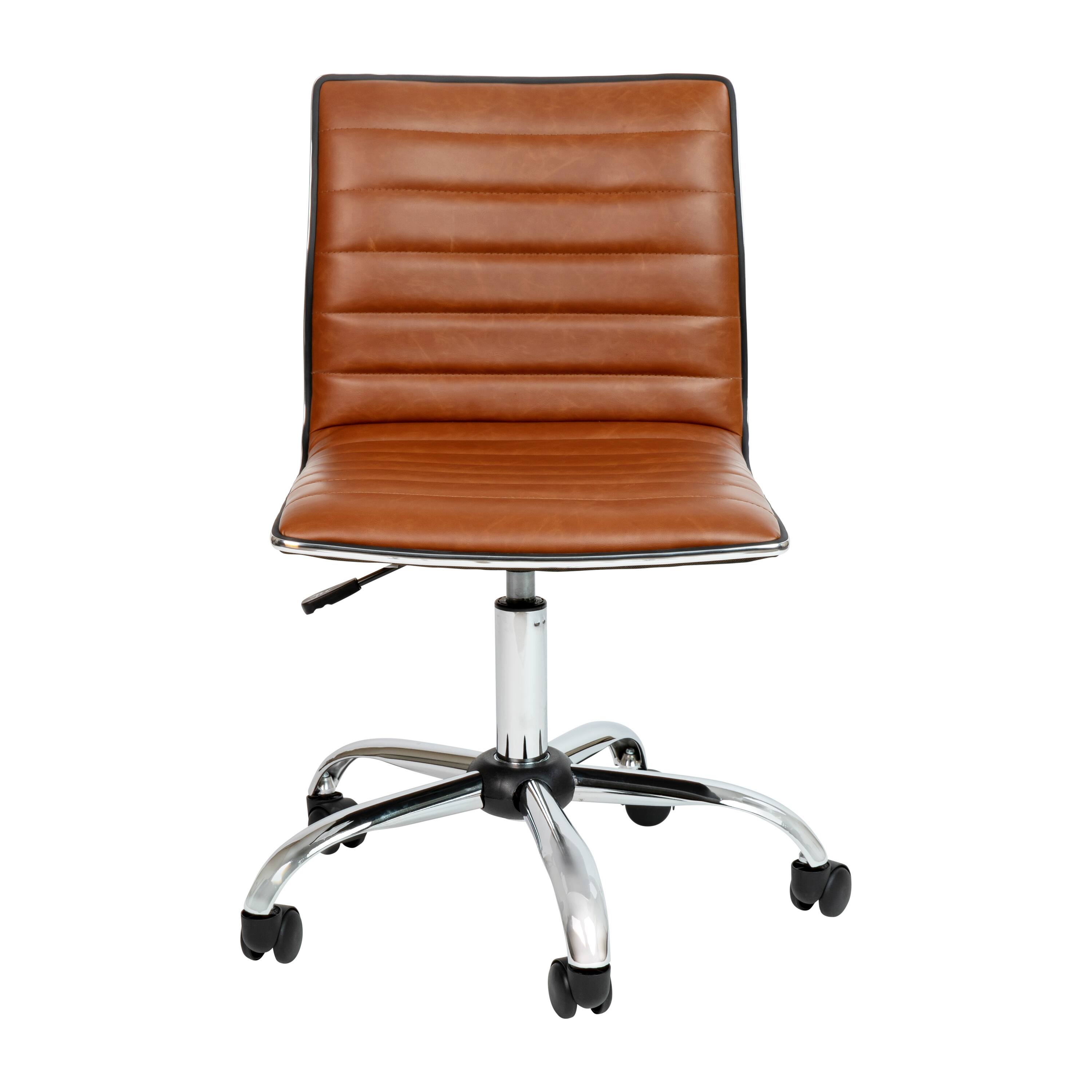 Alt View 7. Emma + Oliver - Low Back Designer Armless Ribbed Swivel Task Office Chair - Brown Vinyl/Chrome Frame.