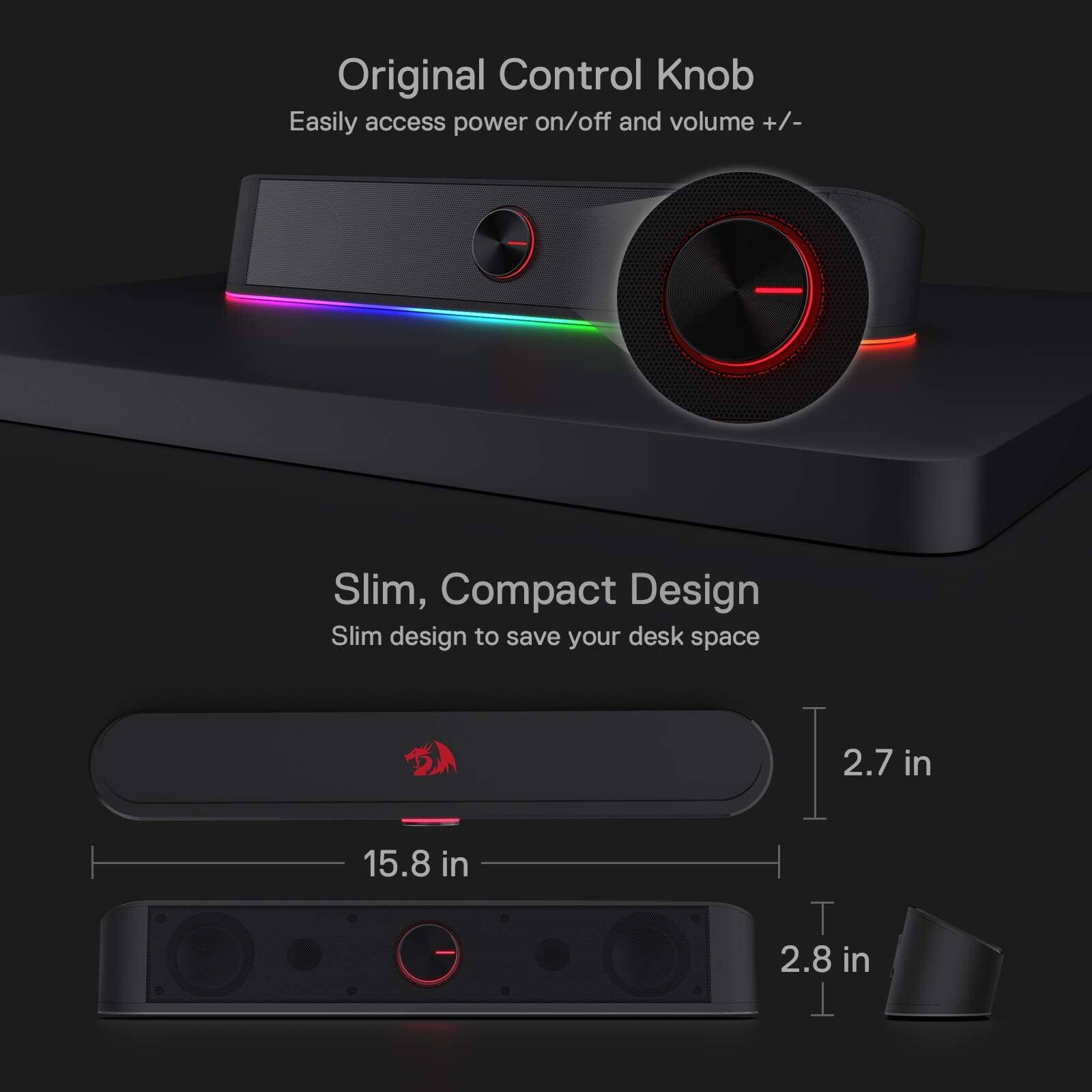 Original Control Knob  
Easily access power on/off and volume +/-  

Slim, Compact Design  
Slim design to save your desk space  

Dimensions:  
- Length: 15.8 in  
- Width: 2.7 in  
- Height: 2.8 in