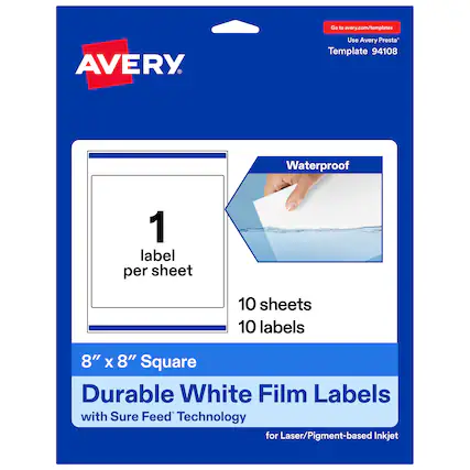 Go to avery.com/templates
Use Avery Presta™ Template 94108
Waterproof
1 label per sheet
10 sheets
10 labels
8" x 8" Square
Durable White Film Labels with Sure Feed™ Technology for Laser/Pigment-based Inkjet
