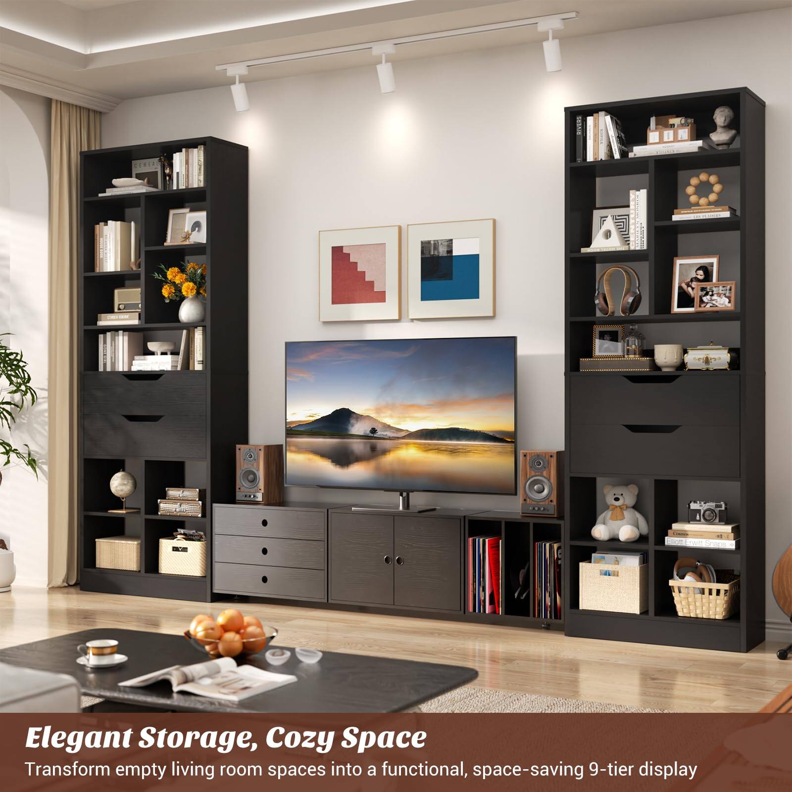 Elegant Storage, Cozy Space  
Transform empty living room spaces into a functional, space-saving 9-tier display