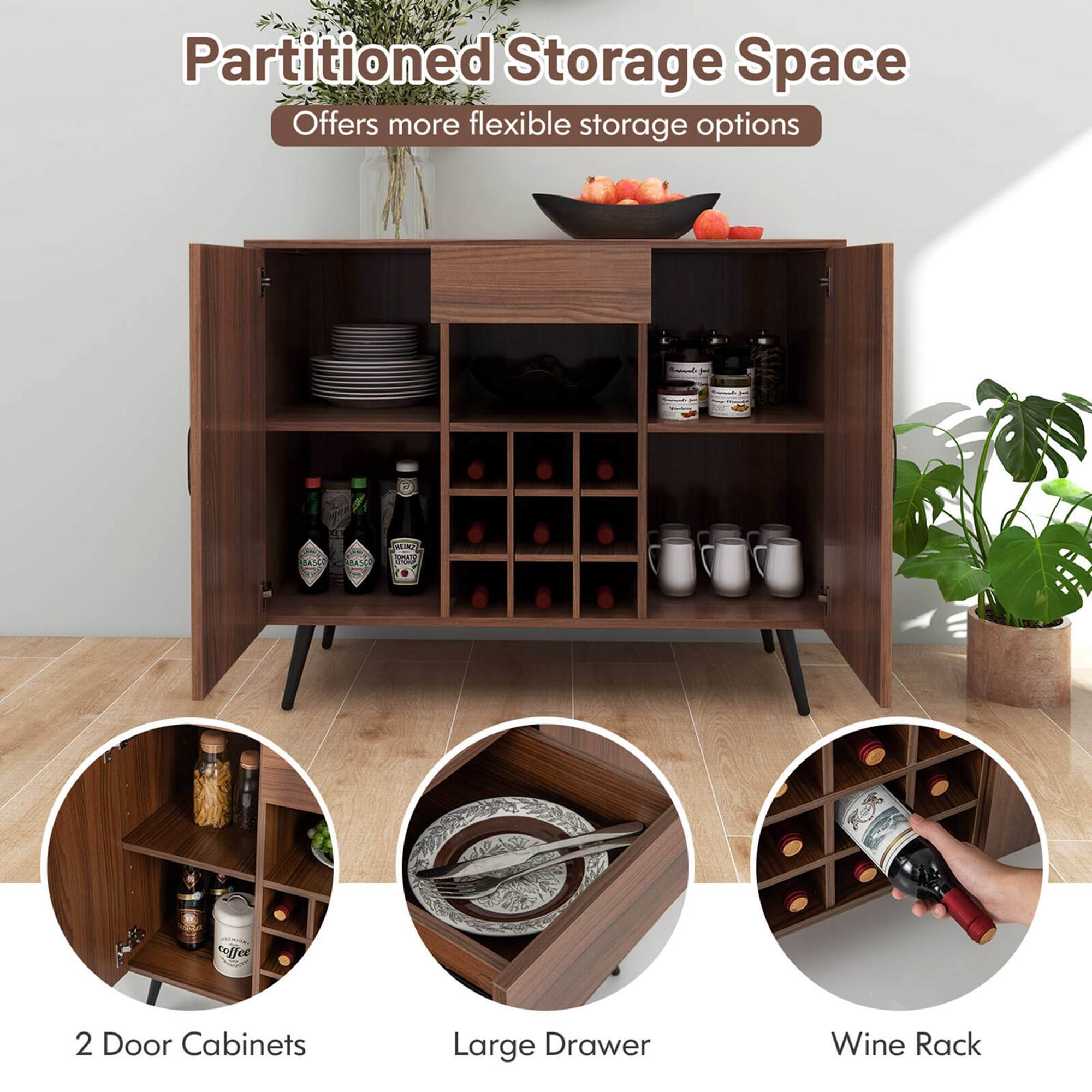 The image features a partitioned storage space with a wine rack and a large drawer. The storage space offers more flexible storage options, making it a great choice for those who want to keep their items organized and easily accessible. The wine rack is designed to hold wine bottles, while the large drawer provides additional storage space for other items. The overall design of the storage space is visually appealing and functional, making it an ideal choice for any home or office.