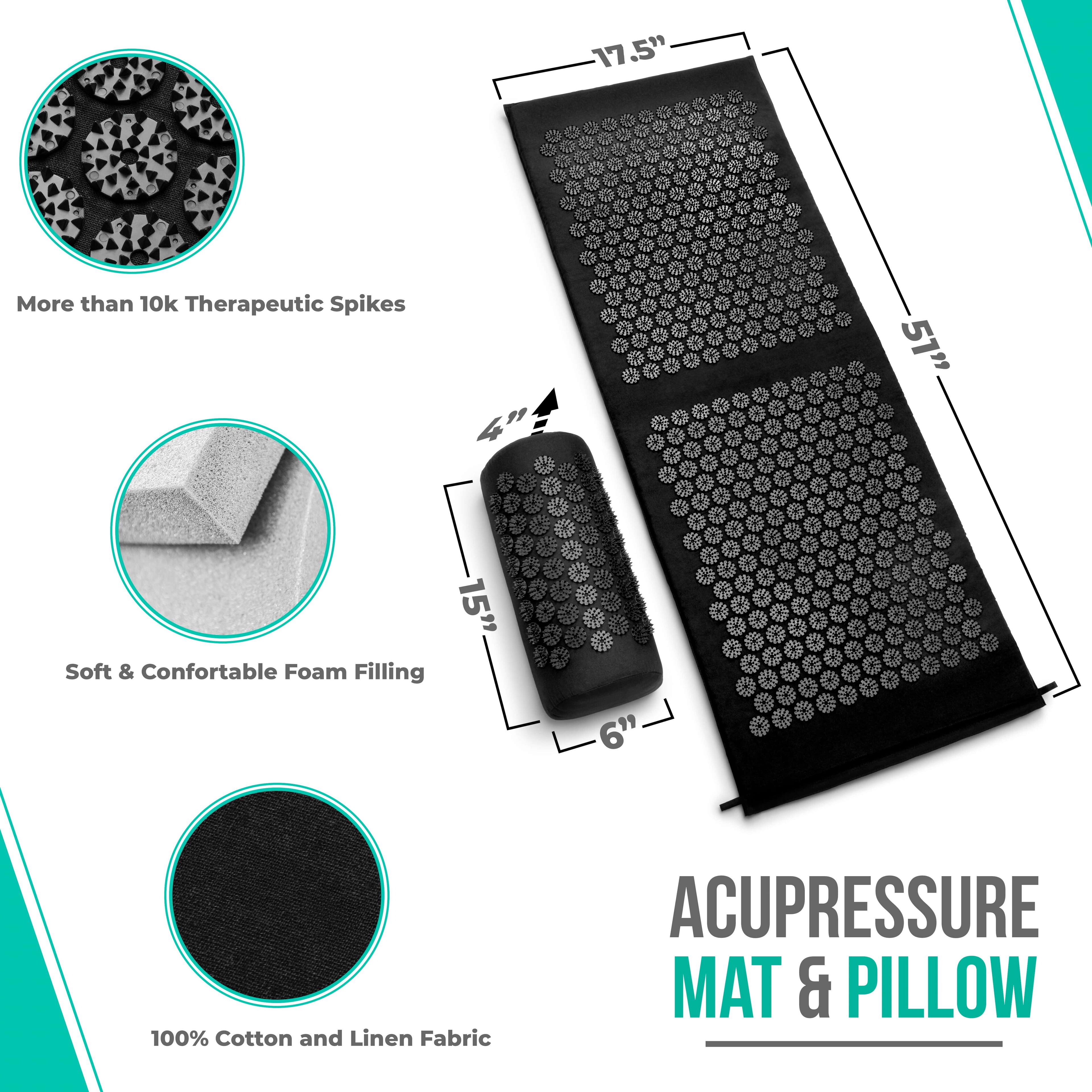 17.5" x 51" x 6"  
More than 10k Therapeutic Spikes  
4" x 15"  
Soft & Comfortable Foam Filling  
100% Cotton and Linen Fabric  
ACUPRESSURE MAT & PILLOW
