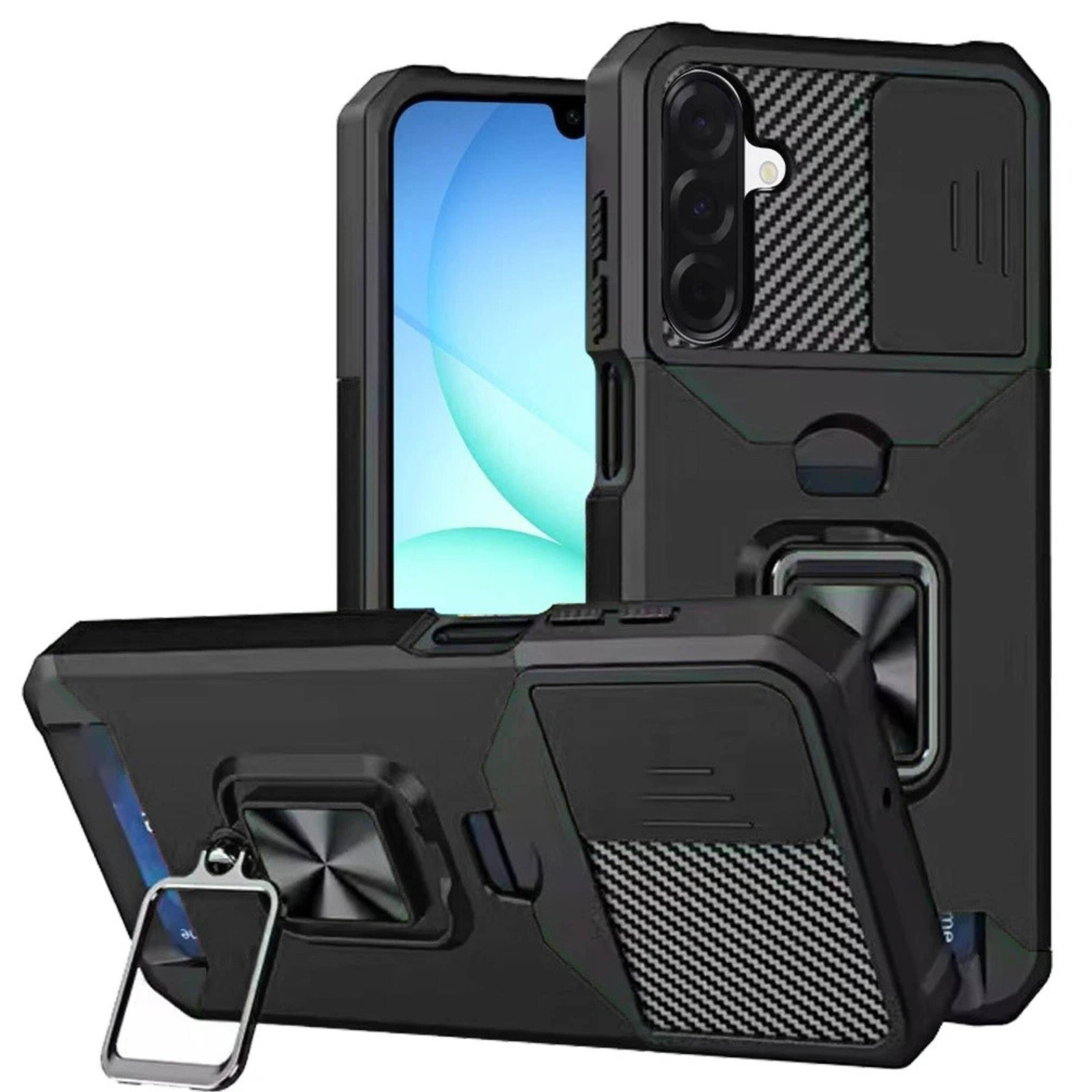 Front. Kitcheniva - Multi Use Card Holder Magnetic Ring Phone Case With Camera Cover And Tempered Glass For Samsung A17 5G Black - Black.