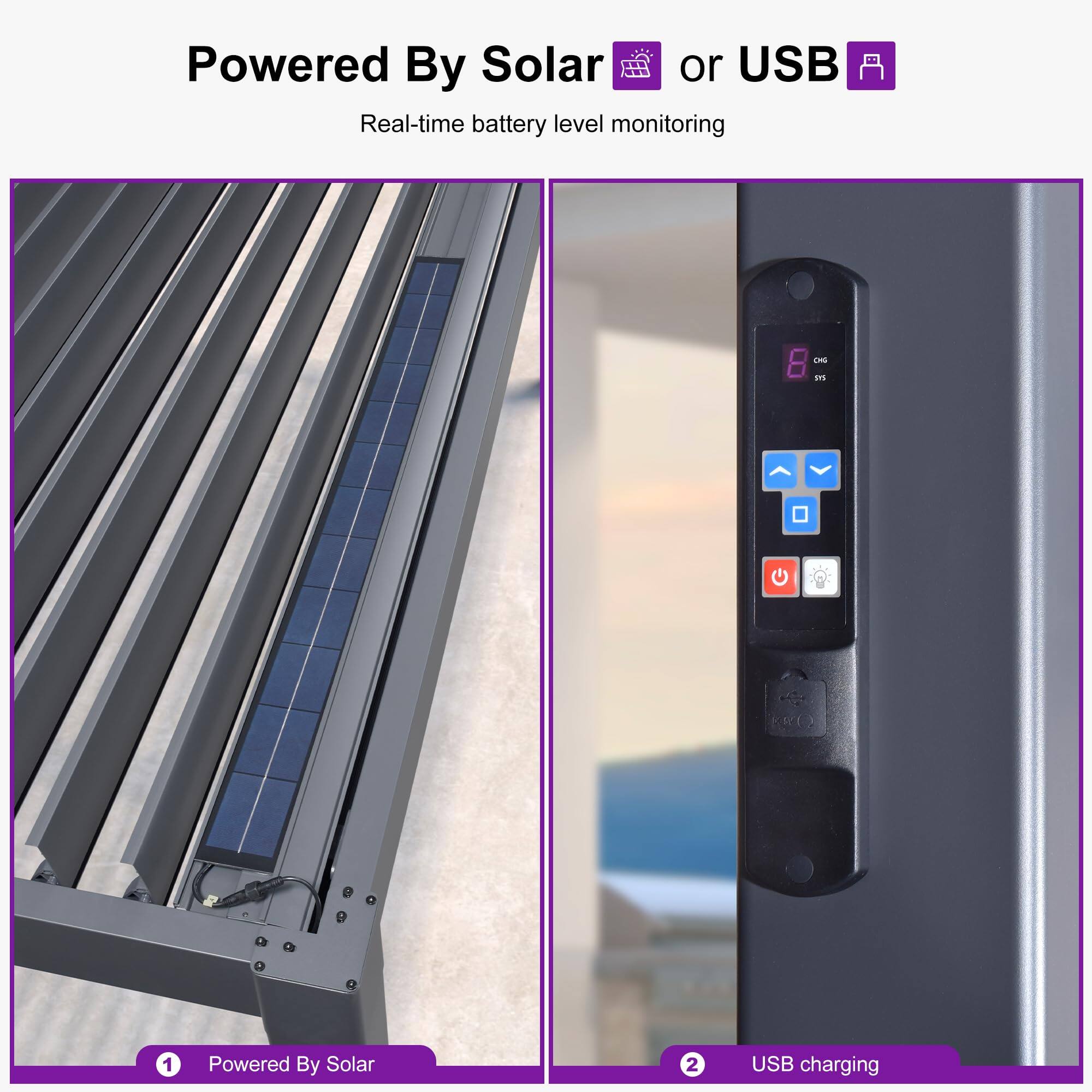 Powered By Solar or USB  
Real-time battery level monitoring  

1. Powered By Solar  
2. USB charging