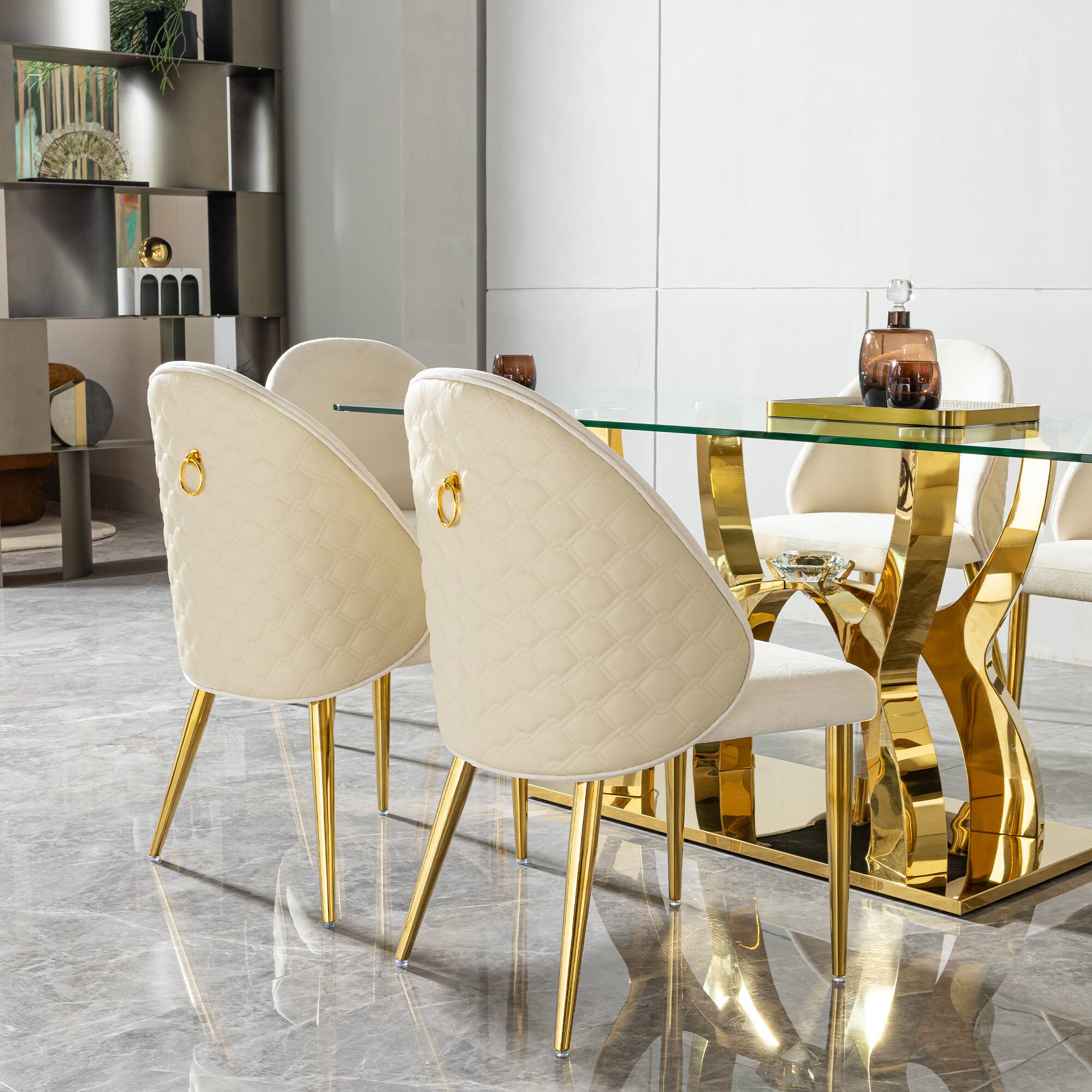 Back. Lirago - 23 Inch Modern Dining Chairs Set of 2 PU Leather Back Cushion and Velvet Front Cushion - Gold.