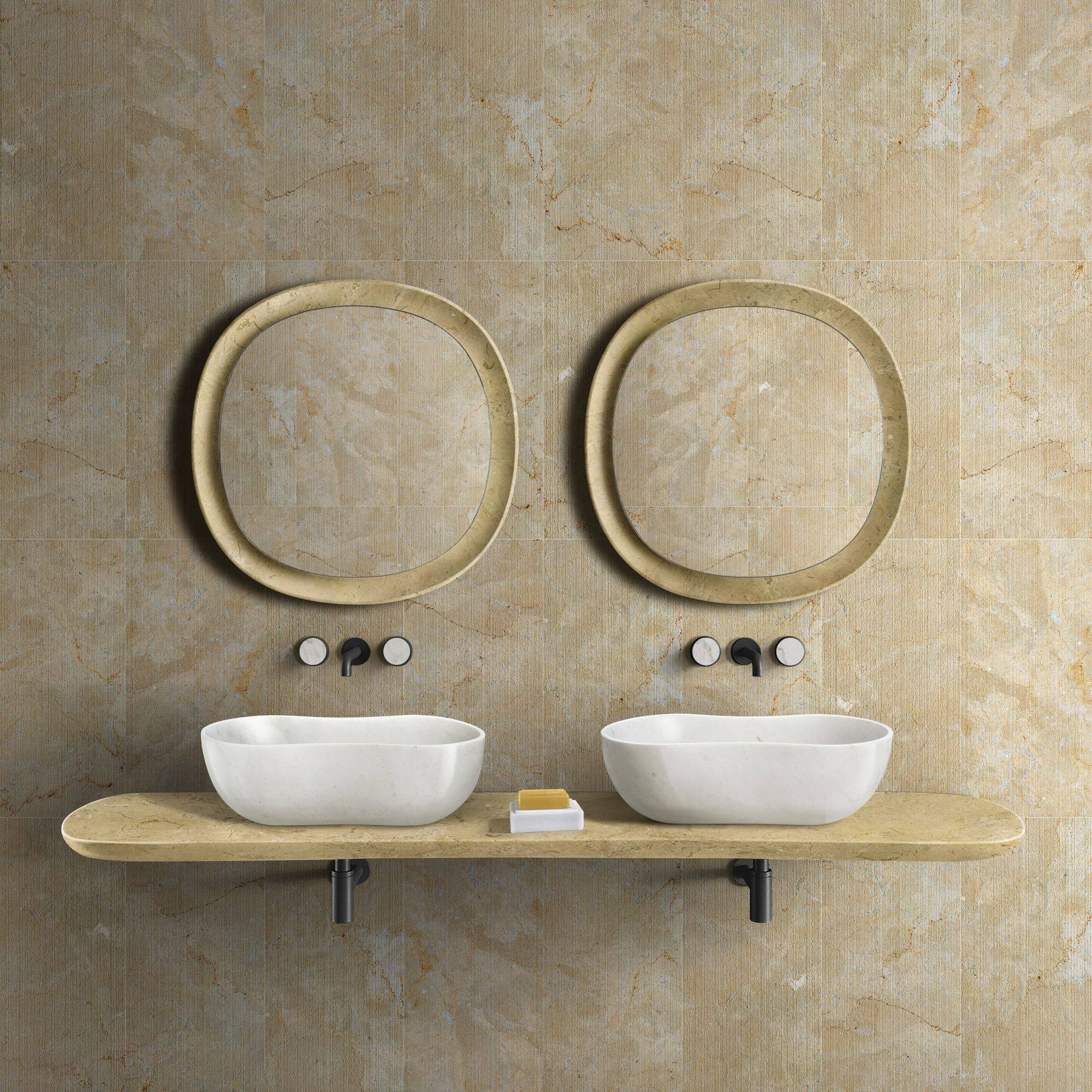 Left. ELEMENT ACE - Natural Marble Bathroom Vessel Sink with Semi-Polished Surface and Elegant Wavy Design for Modern Spaces - White+Natural.