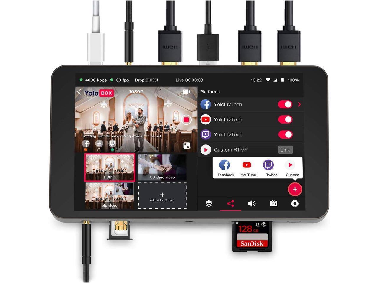 IWCH IWCH IWCH 4000 kbps 30 fps Drop: 0(0%) Live 00:00:08 13:22 100% Yolo BOX 1080P Platforms: YoloLivTech YoloLivTech YoloLivTech Rotating subtitle: advertising words can be set Custom RTMP Link HOM 1 SD Card video Facebook YouTube Twitch Custom pip video + Add Video Source + 128 GB SanDisk