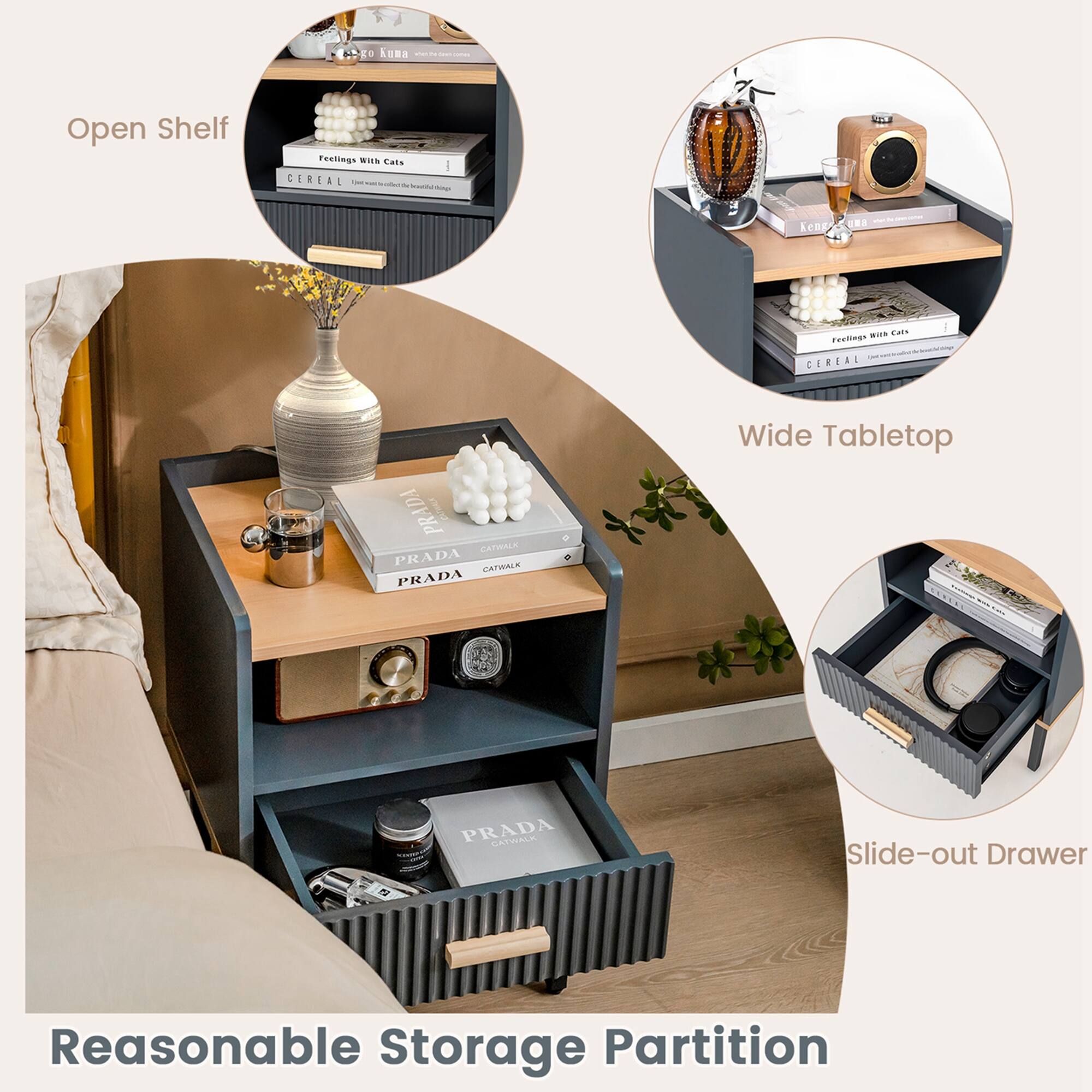 Open Shelf, Wide Tabletop, Slide-out Drawer, Reasonable Storage Partition