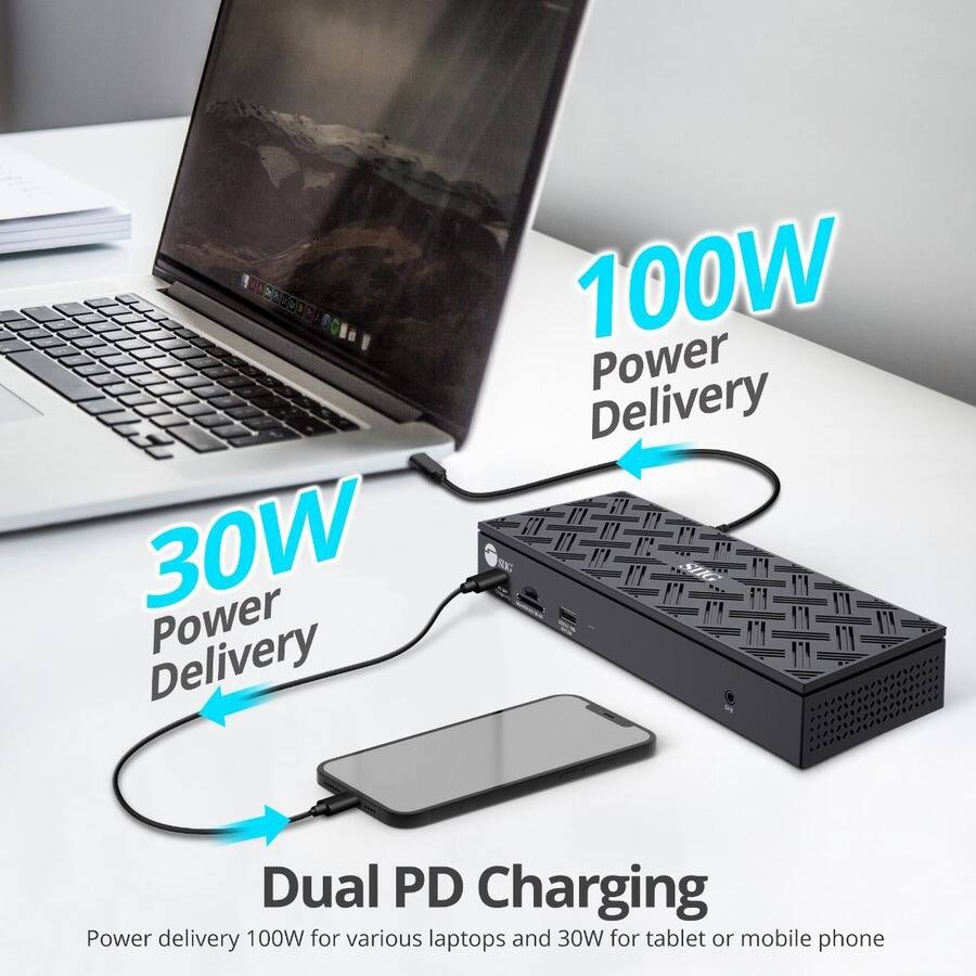 Dual PD Charging  
Power delivery 100W for various laptops and 30W for tablet or mobile phone  

100W Power Delivery  
30W Power Delivery