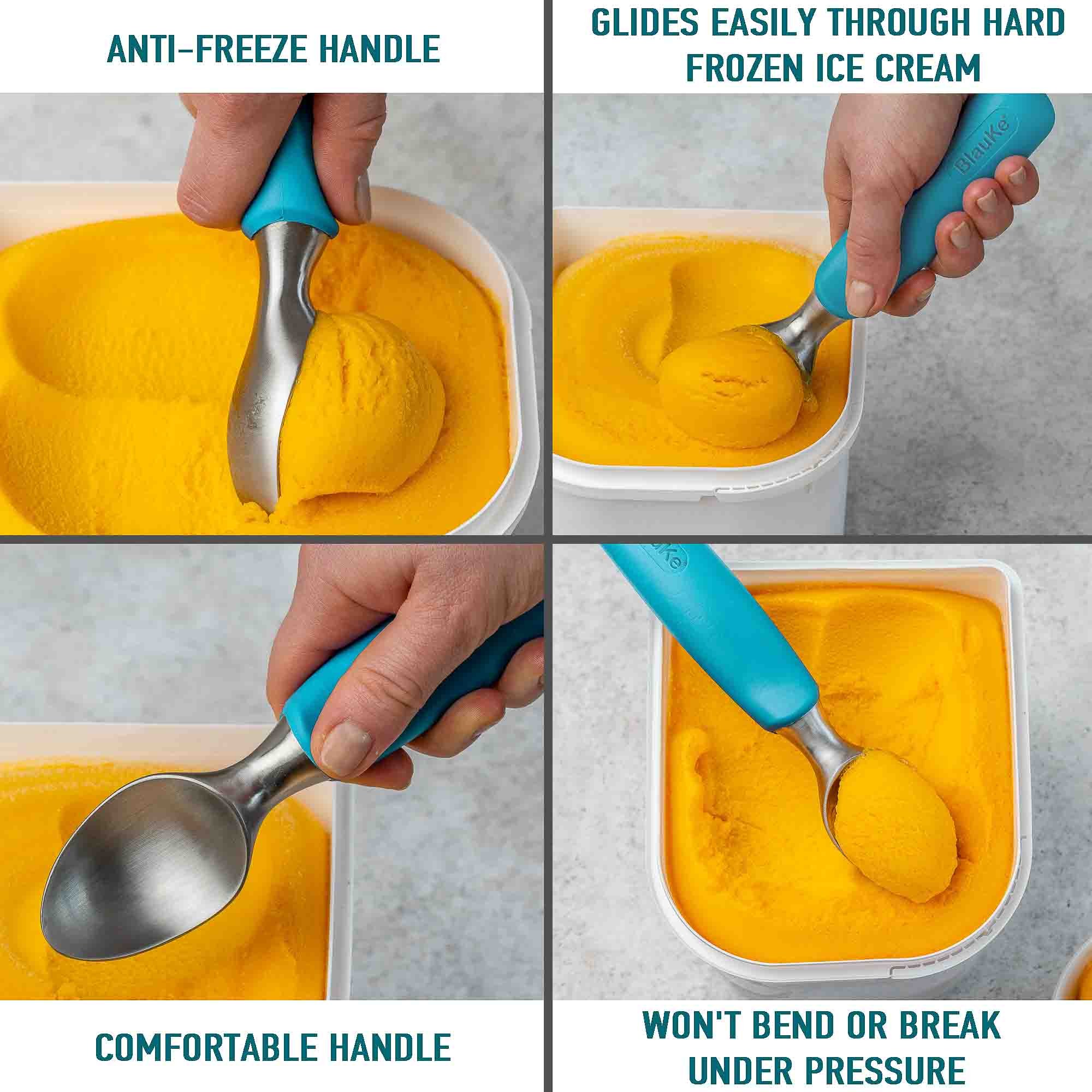 ANTI-FREEZE HANDLE, GLIDES EASILY THROUGH HARD FROZEN ICE CREAM, COMFORTABLE HANDLE, WON'T BEND OR BREAK UNDER PRESSURE