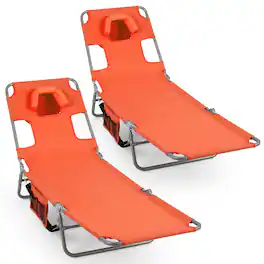 Gymax - 2PCS Tanning ChairFolding Beach Lounge Chair w/5-Position Adjustable Backrest - Orange