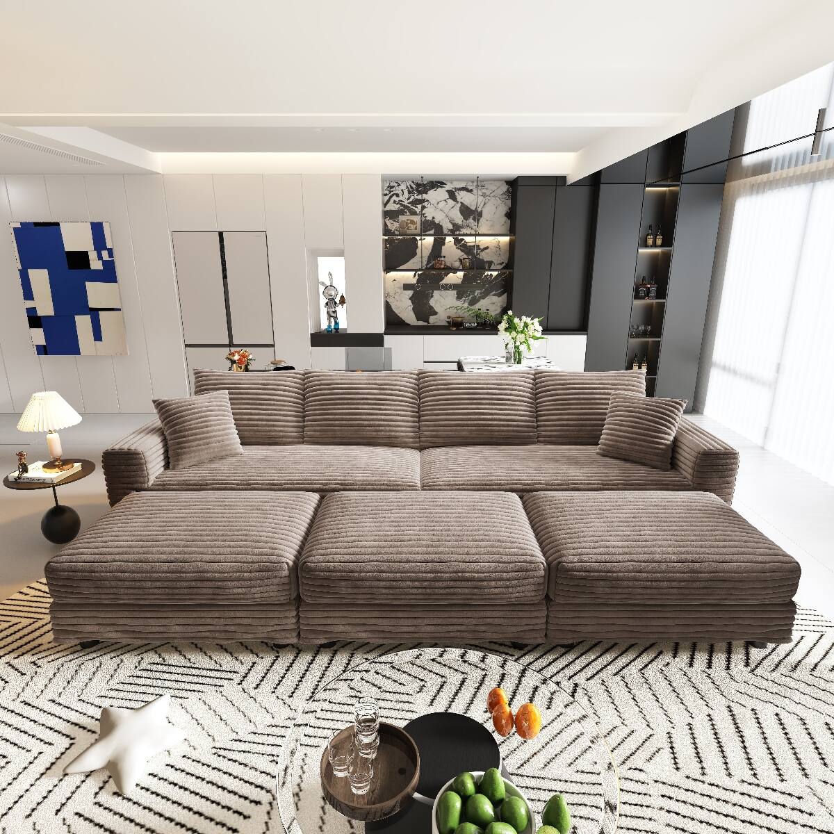Angle. Ropilly - Ropilly 102.4 Inch Camel 4 Seat Corduroy Sofa with Movable Ottomans Deep Seat Upholstered Sofa - Camel.