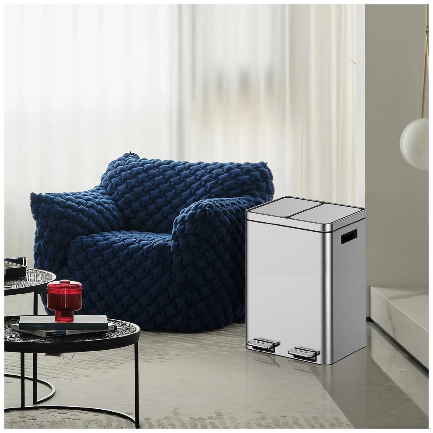 Back. GARVEE - Dual Compartment 40L Stainless Steel Kitchen Bin – Soft-Close Pedal, 2 Removable Buckets - Silver.