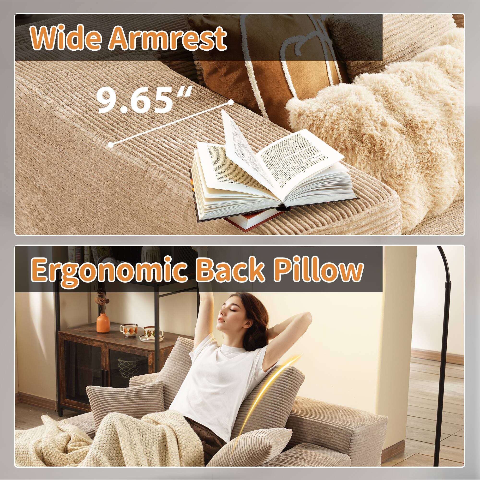 Wide Armrest  
9.65"  

Ergonomic Back Pillow