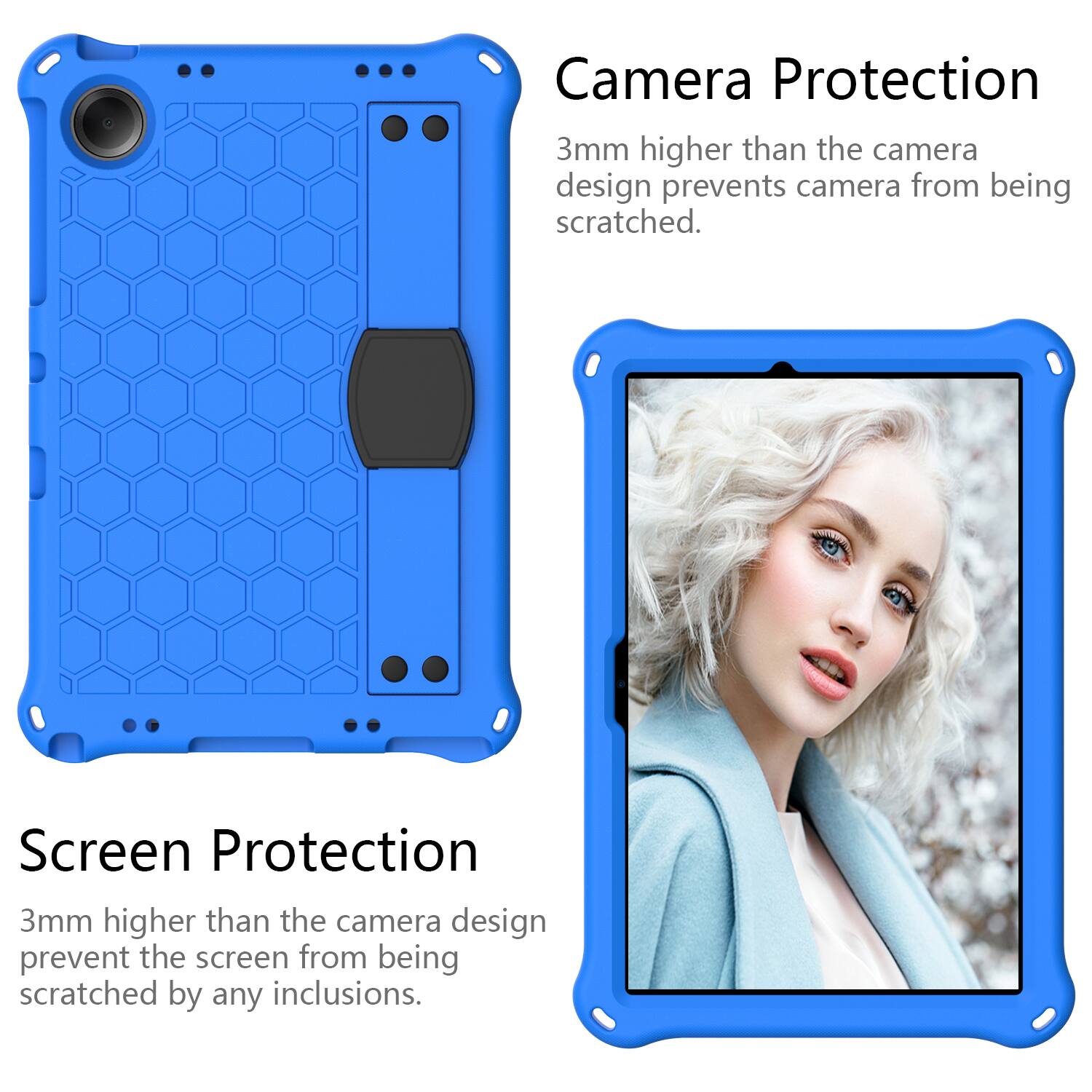 Camera Protection  
3mm higher than the camera design prevents camera from being scratched.  

Screen Protection  
3mm higher than the camera design prevent the screen from being scratched by any inclusions.