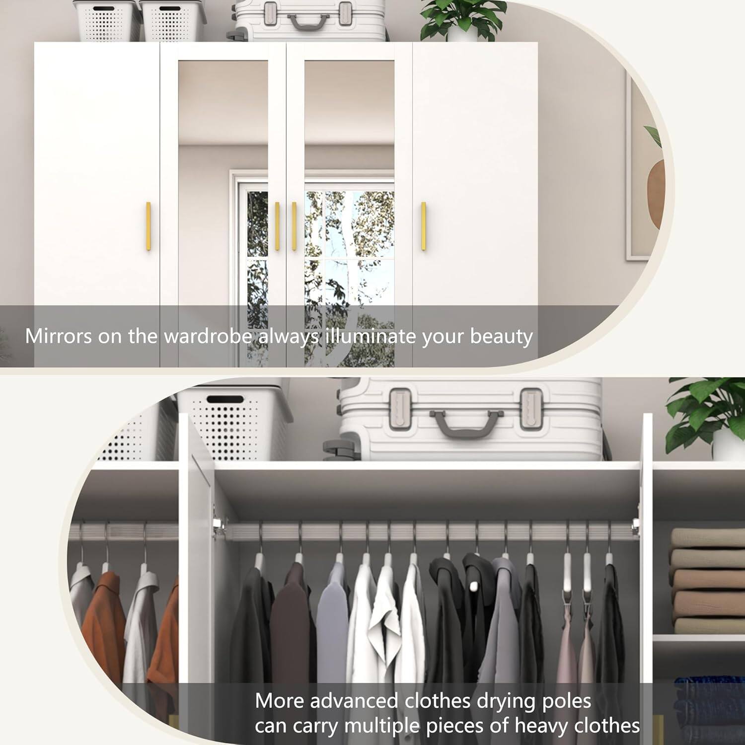 Mirrors on the wardrobe always illuminate your beauty.

More advanced clothes drying poles can carry multiple pieces of heavy clothes.