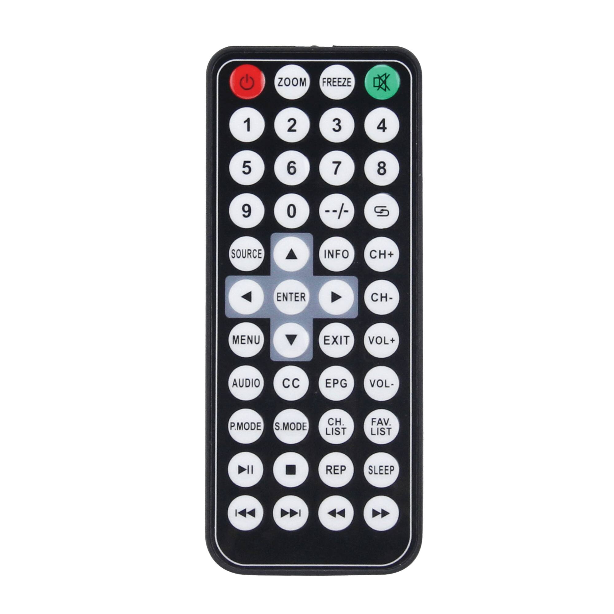 ZOOM FREEZE 1 2 3 4 5 6 7 8 9 0 --/- S SOURCE INFO CH+ ENTER CH- MENU EXIT VOL+ AUDIO CC EPG VOL- P.MODE S.MODE CH. LIST FAV. LIST REP SLEEP