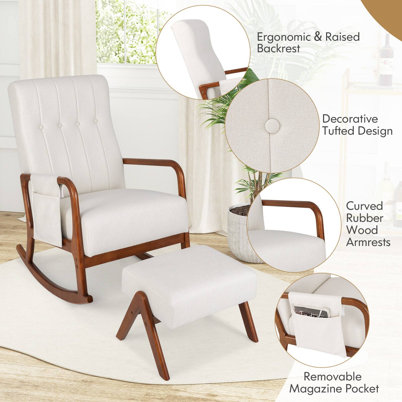 Ergonomic & Raised Backrest, Decorative Tufted Design, Curved Rubber Wood Armrests, Removable Magazine Pocket