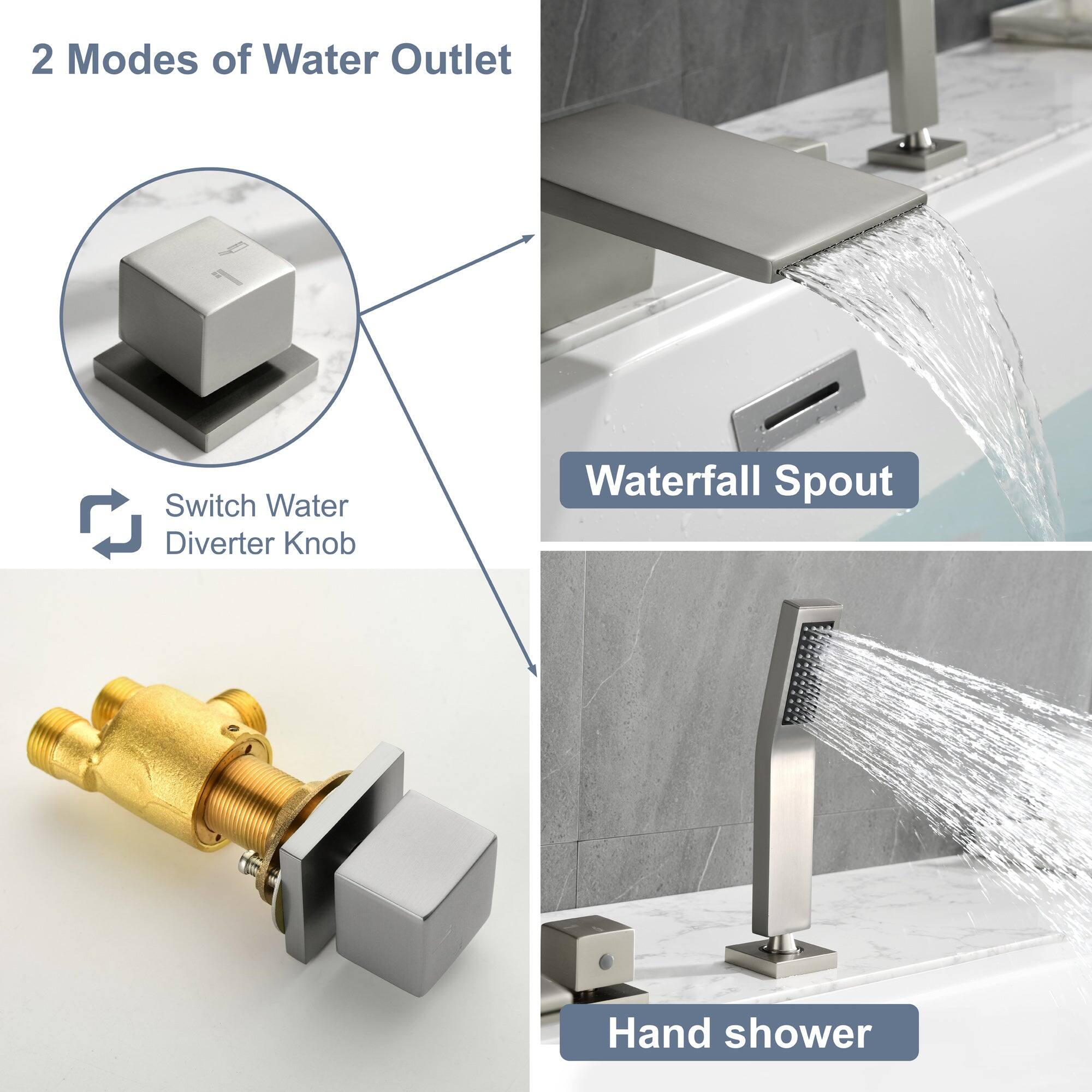 2 Modes of Water Outlet

- Switch Water Diverter Knob
- Waterfall Spout
- Hand shower