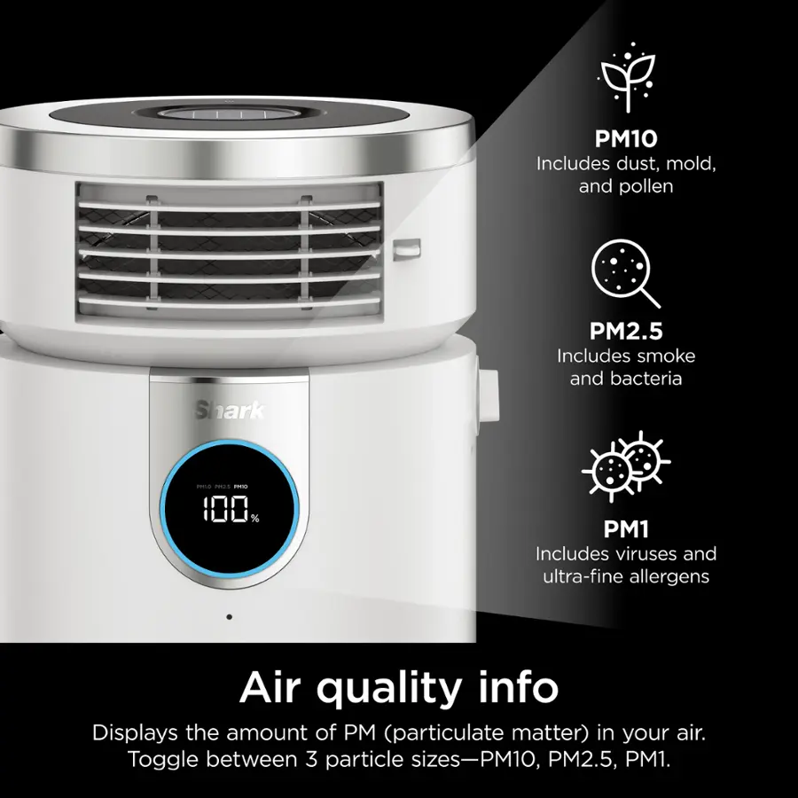 The text on the image is grouped and corrected as follows:

PM10 Includes dust, mold, and pollen
Shark PM2.5 Includes smoke and bacteria
100% PM1 Includes viruses and ultra-fine allergens
Air quality info Displays the amount of PM (particulate matter) in your air. Toggle between 3 particle sizes - PM10, PM2.5, PM1.