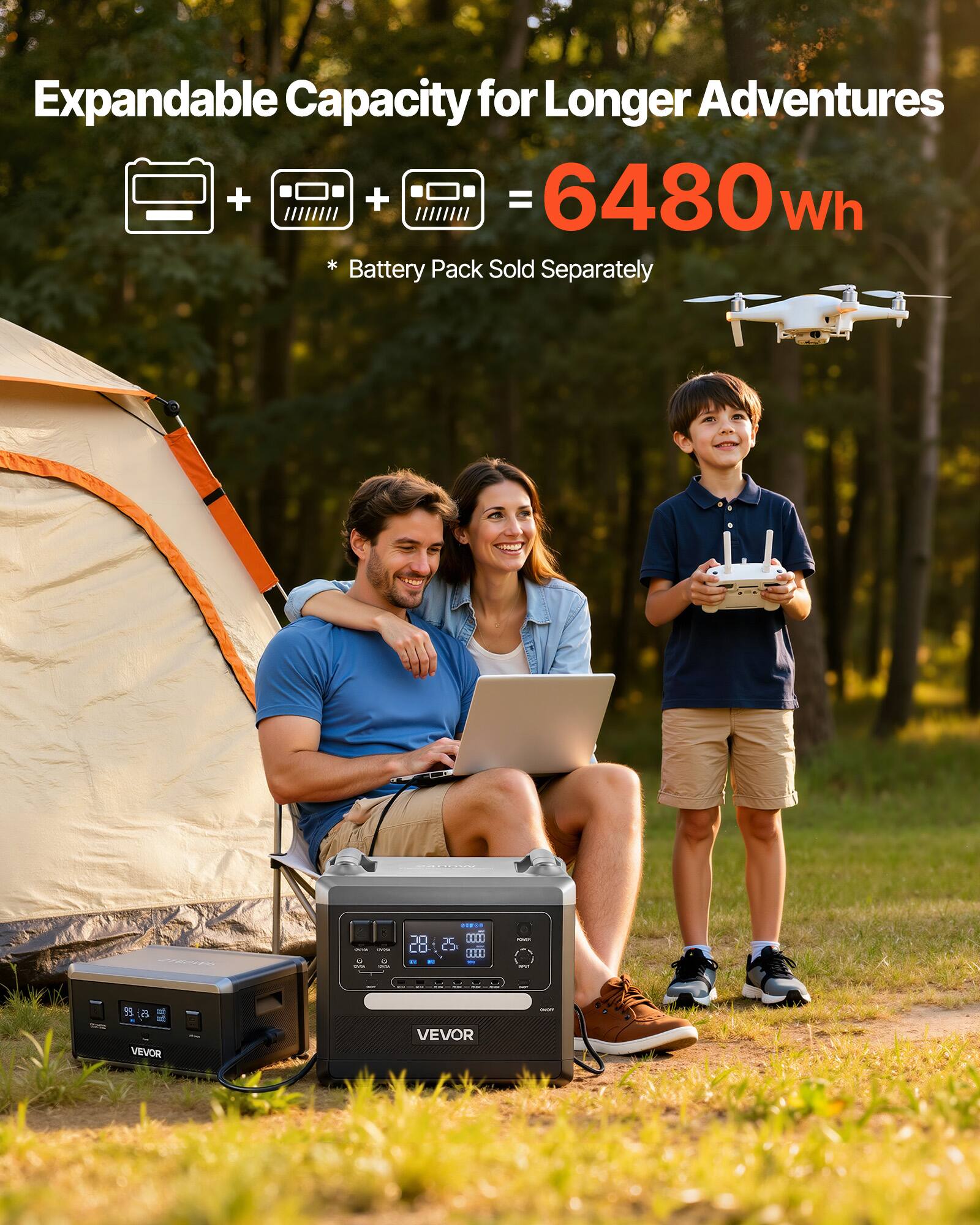 Expandable Capacity for Longer Adventures  
= 6480wh  
* Battery Pack Sold Separately  

VEVOR