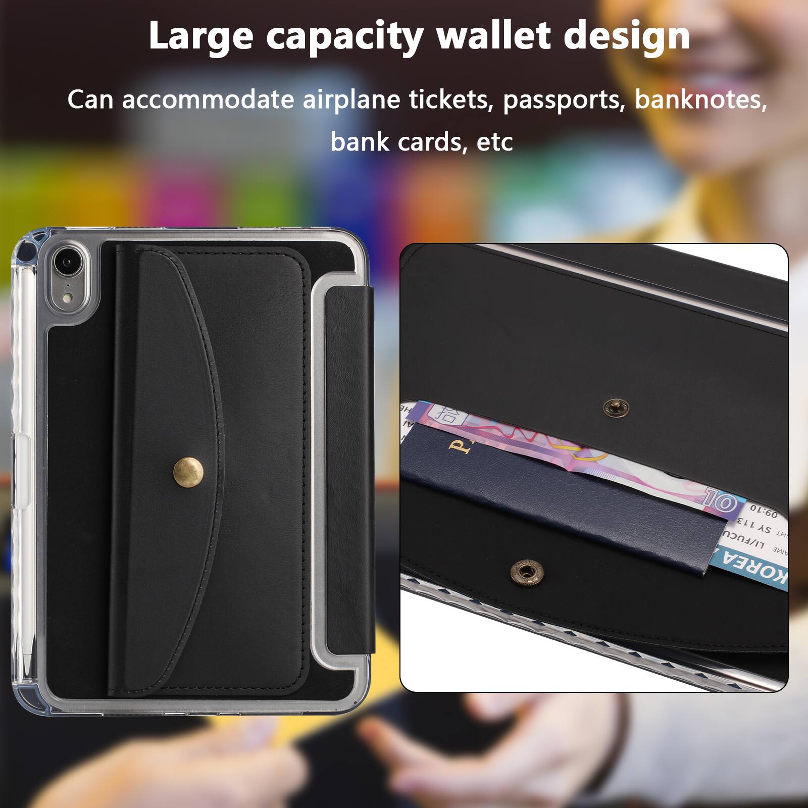 Large capacity wallet design  
Can accommodate airplane tickets, passports, banknotes, bank cards, etc