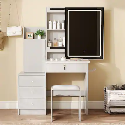 Front. Lirago - White Wood Dresser Table Desk with Sliding Lighted Mirror Dressing Table 13.39”D x 31.50”W x 53.15”H - White.